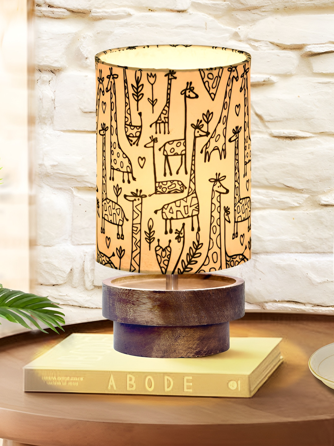 Homesake Yellow and Brown Printed Wooden Cylindrical Shaped Table Lamp