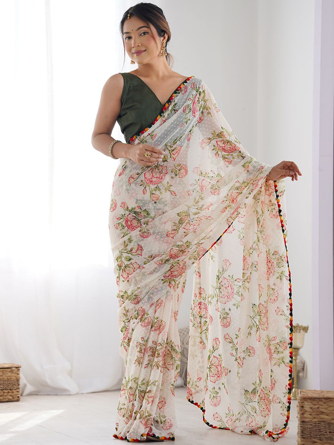 LeeliPeeri Designer Floral Poly Chiffon Saree
