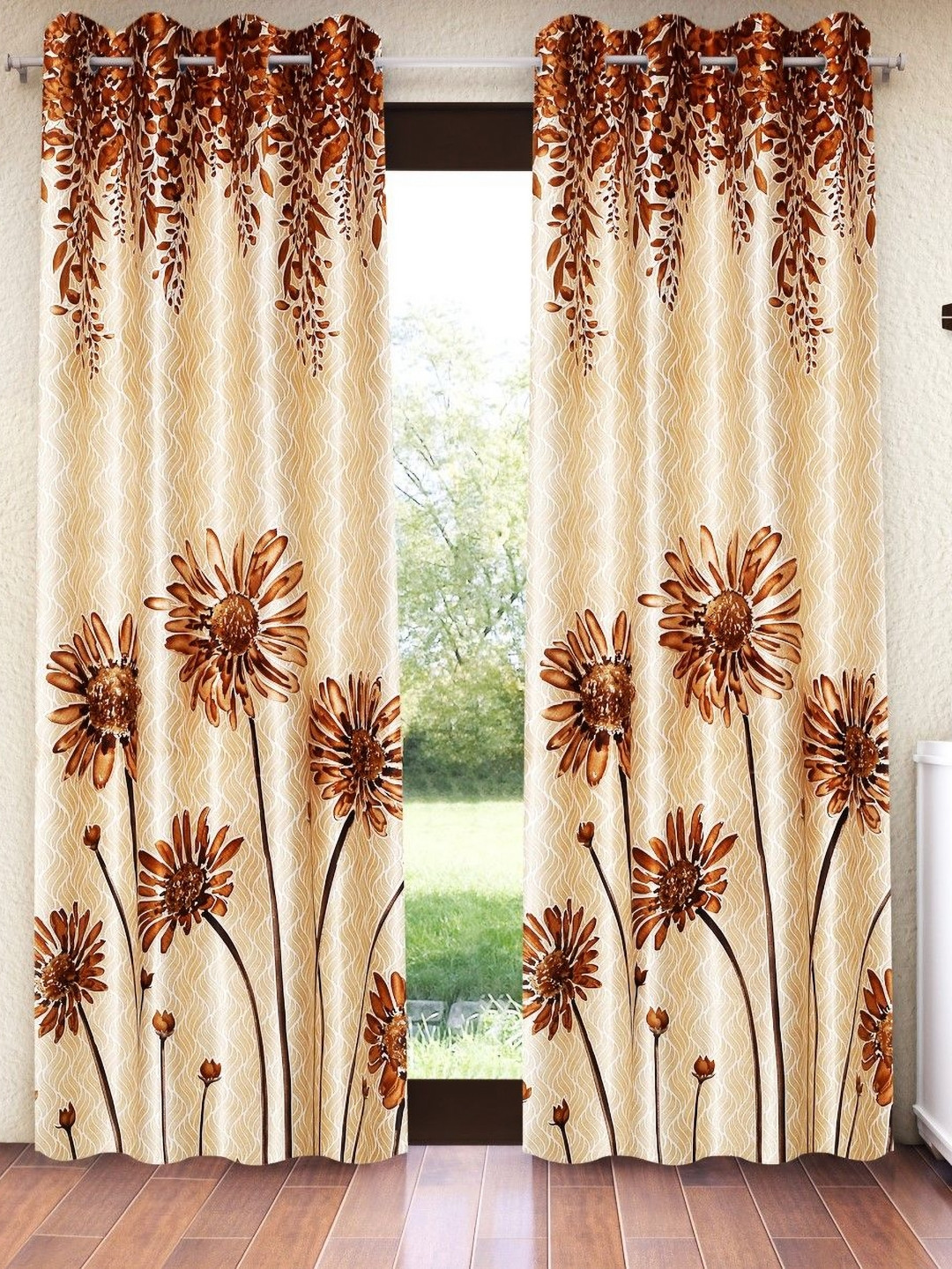 Home Sizzler Brown And Cream 2 Pieces Floral Regular Window Curtain