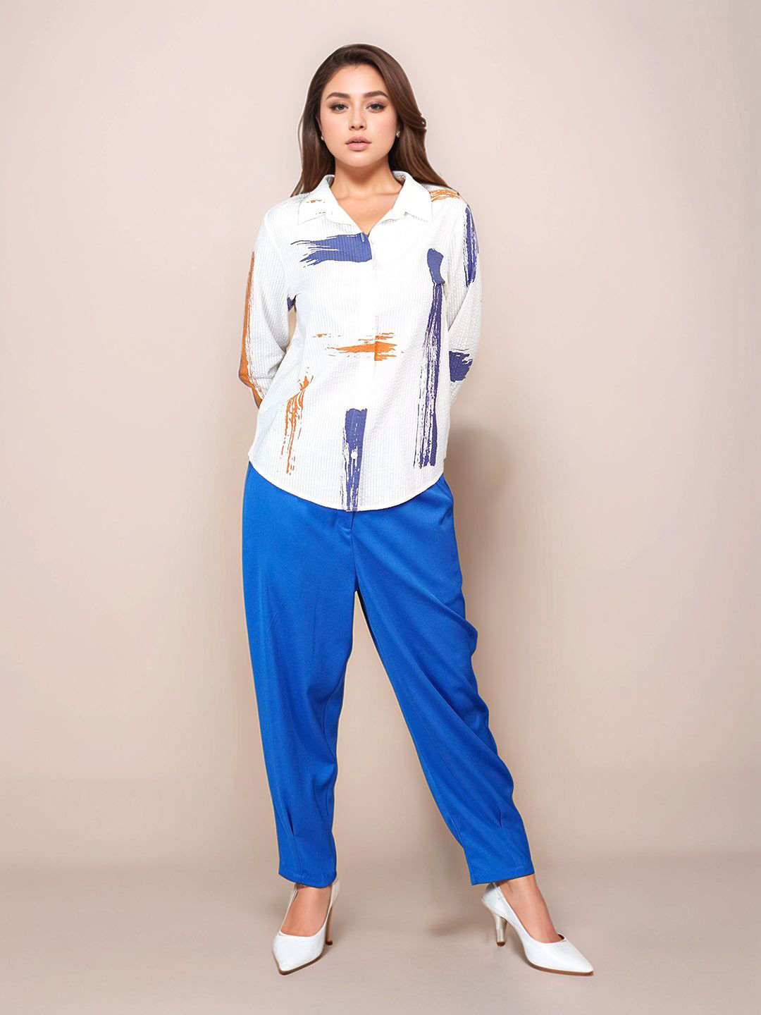 Zink London Women White Abstract Print Full Sleeves Shirt
