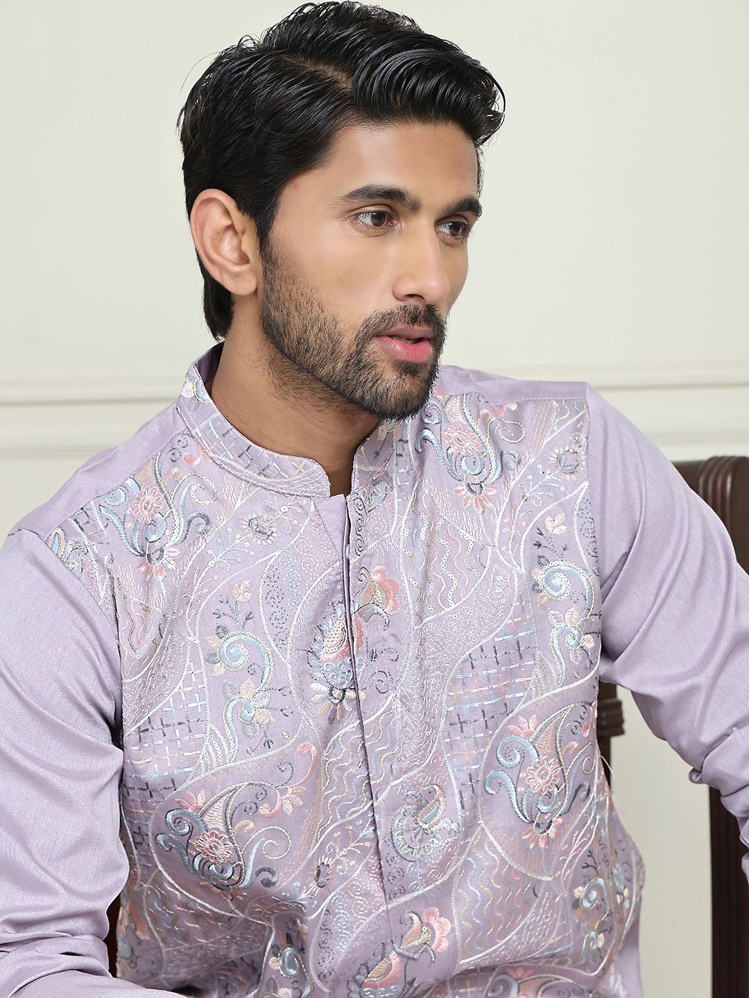 Anouk Purple Floral Embroidered Mandarin Collar Thread Work Silk Straight Kurta