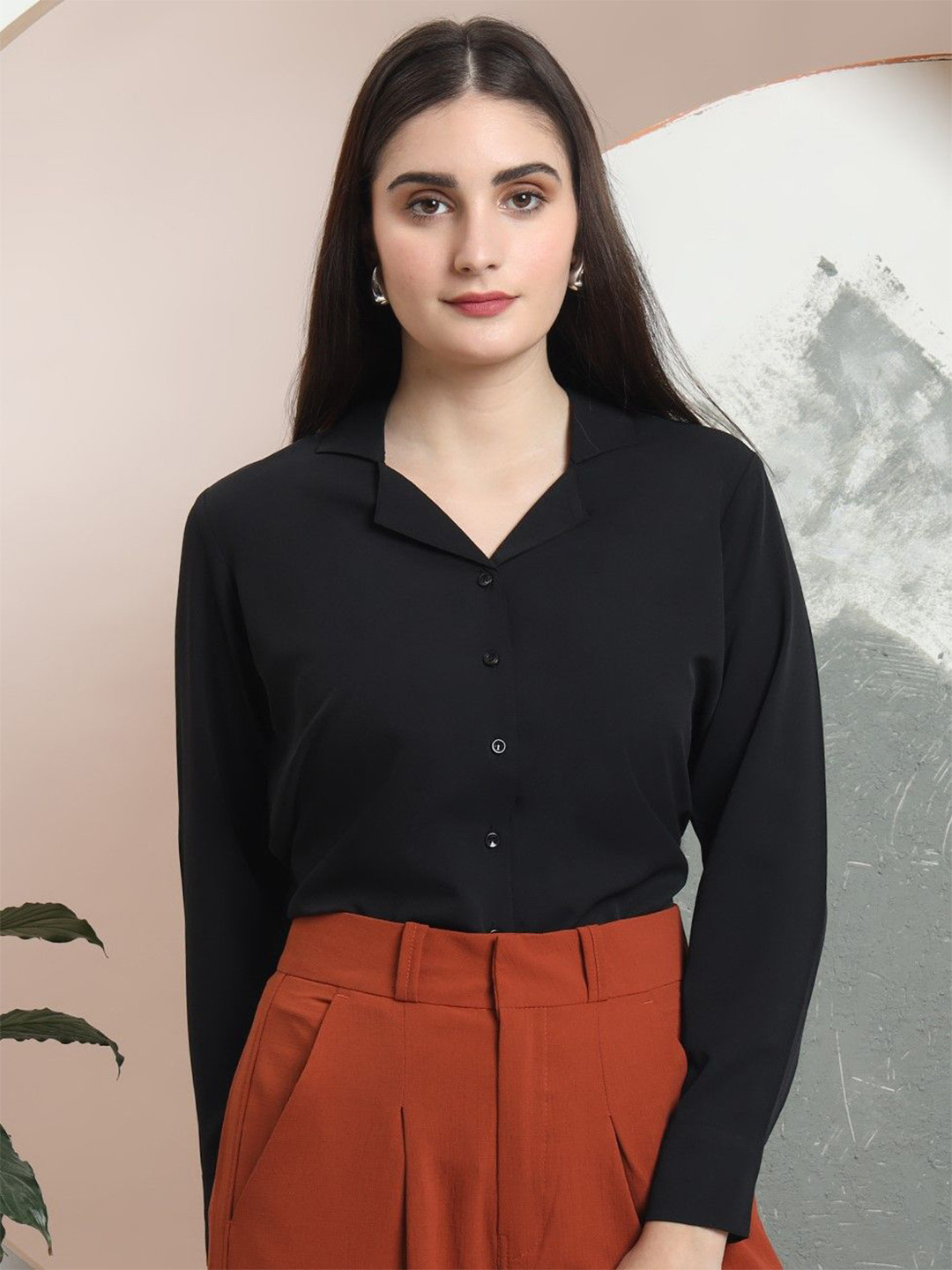 FITHUB Women Cuban Collar Solid Cotton Formal Shirt