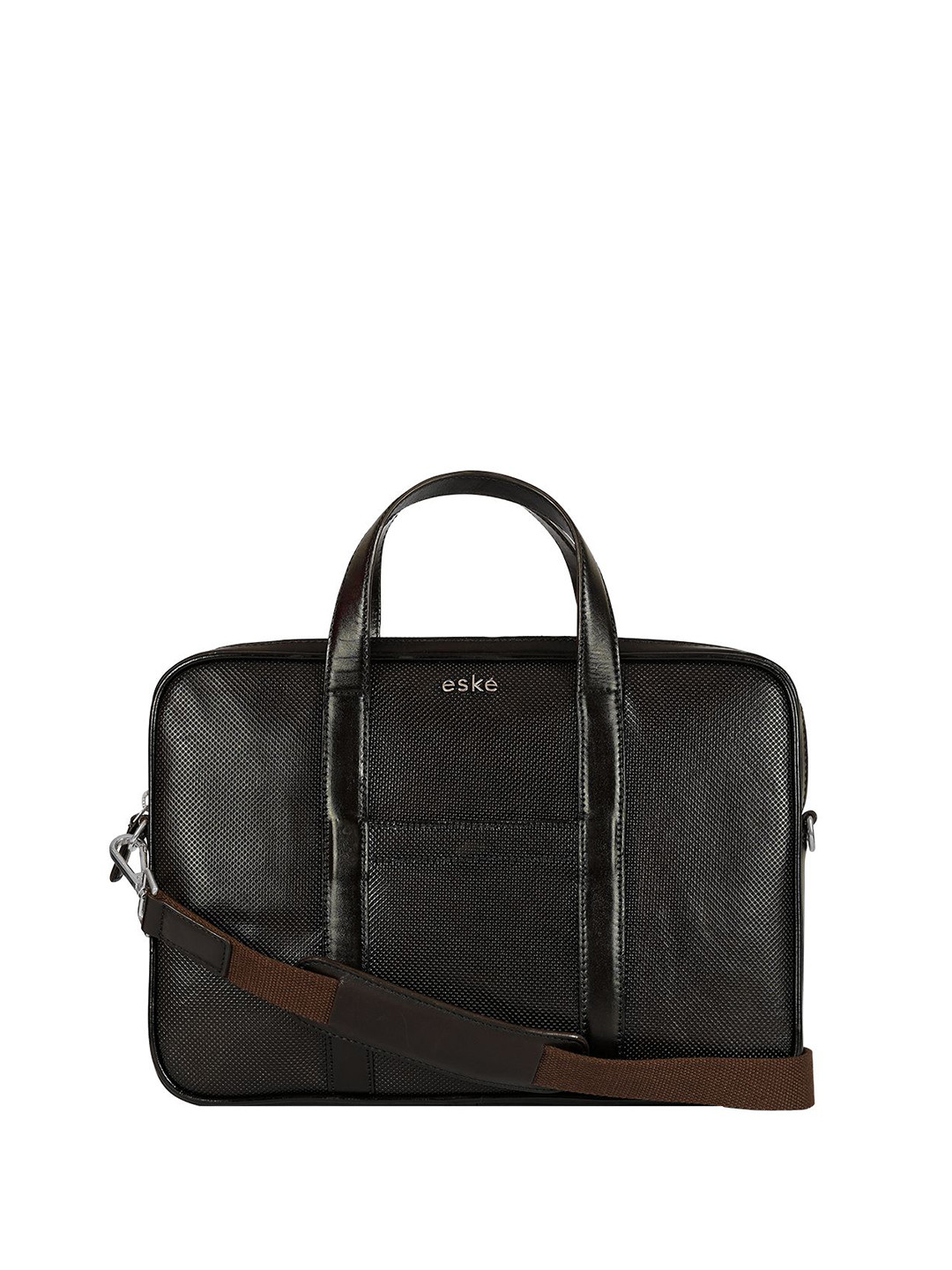 eske Men Brown Textured 13 inch Laptop Compartment Multiple Slots Slim Leather Laptop Bag