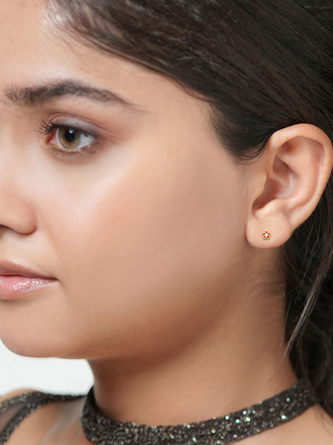 BHIMA 22K BIS Hallmark 916 Purity Yellow Gold Pink Floral Stud Earring