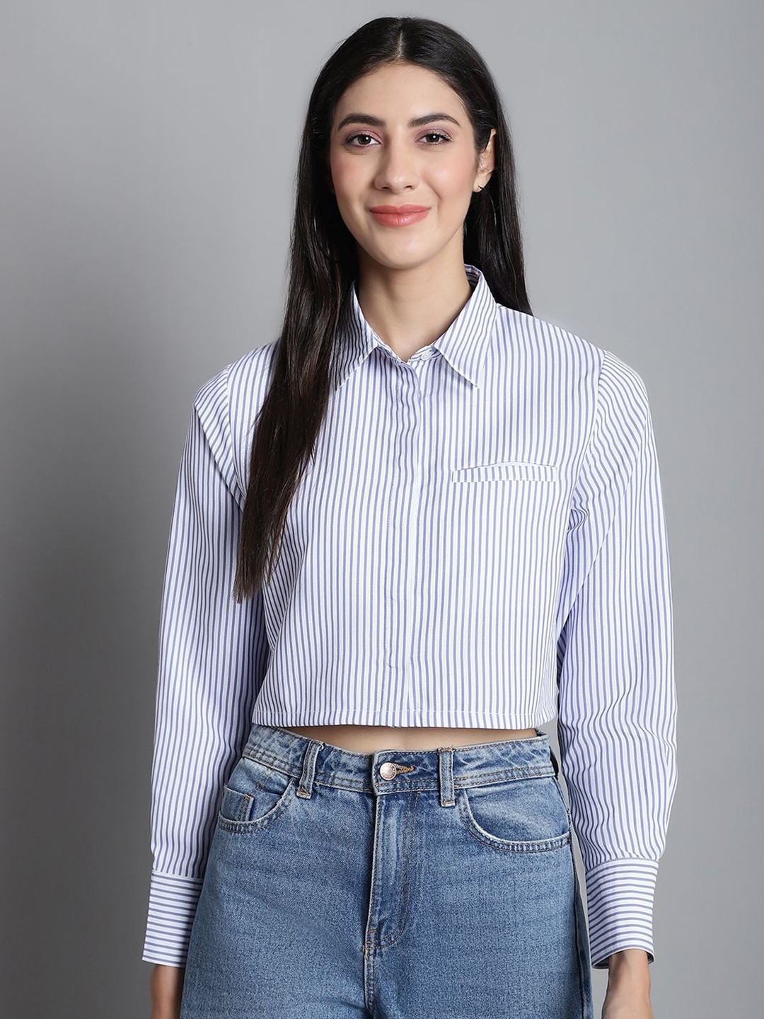 JAKANARY Women Comfort Boxy Fit Spread Collar Vertical Striped Casual Shirt