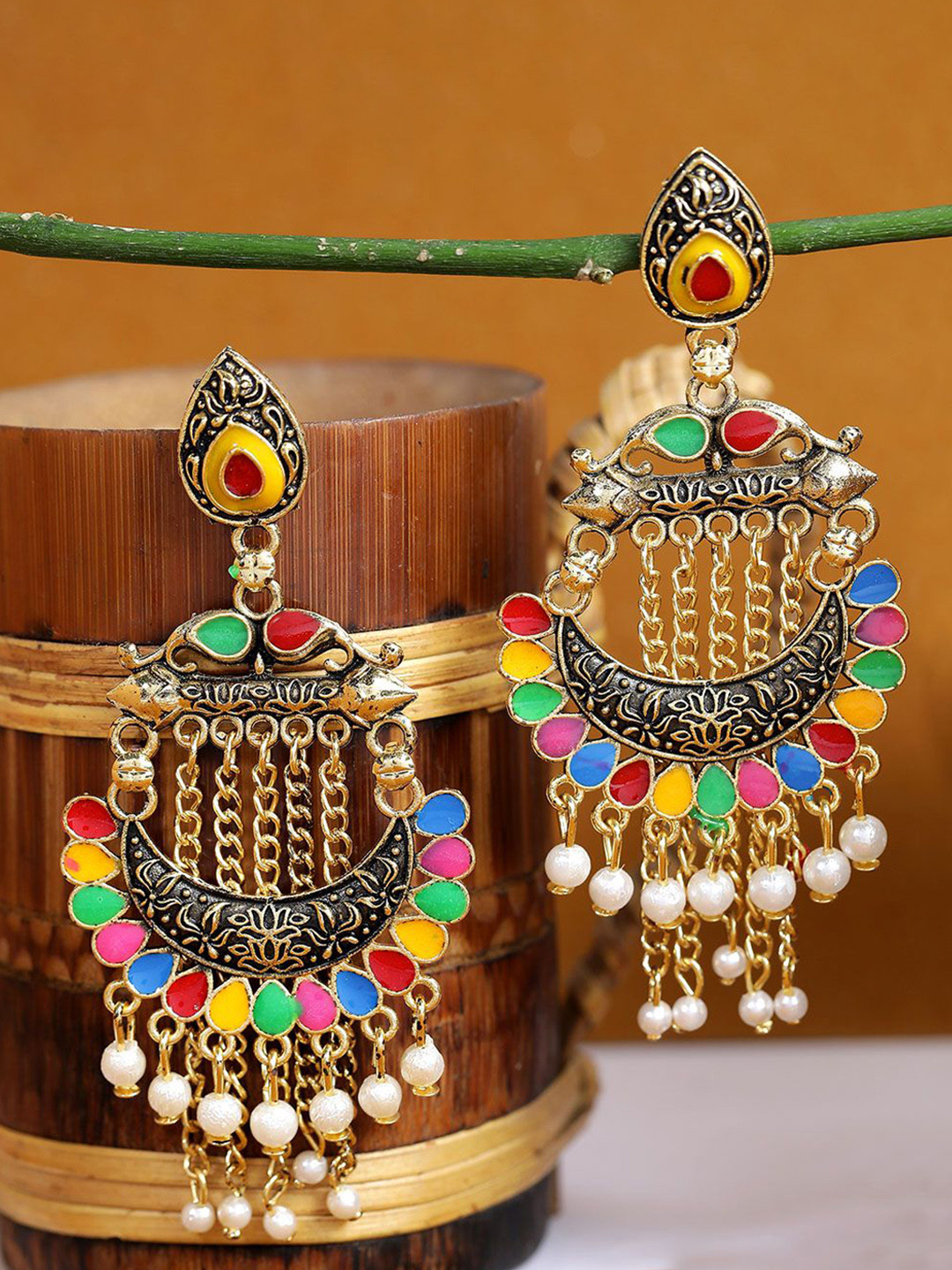 Anouk Gold-Plated Artificial Stones Studded And Beadd Crescent Shaped Dangle Drop Earrings