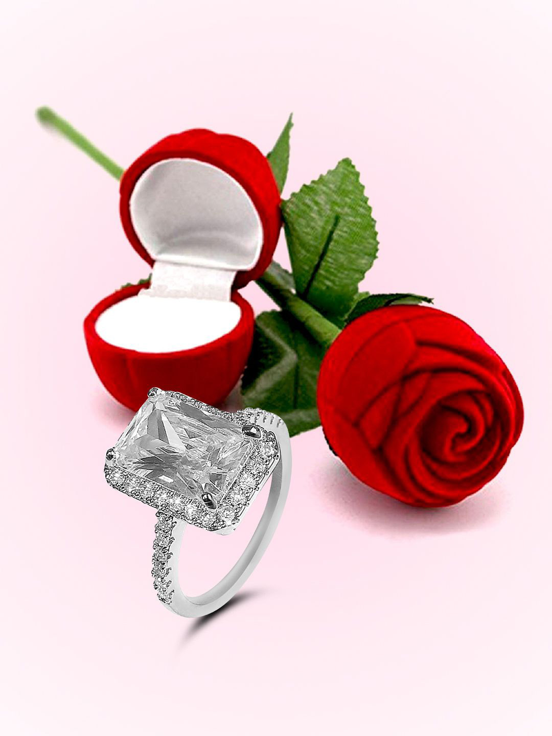 Peora Silver-Plated American Diamonds Studded Finger Ring With Rose Gift Box