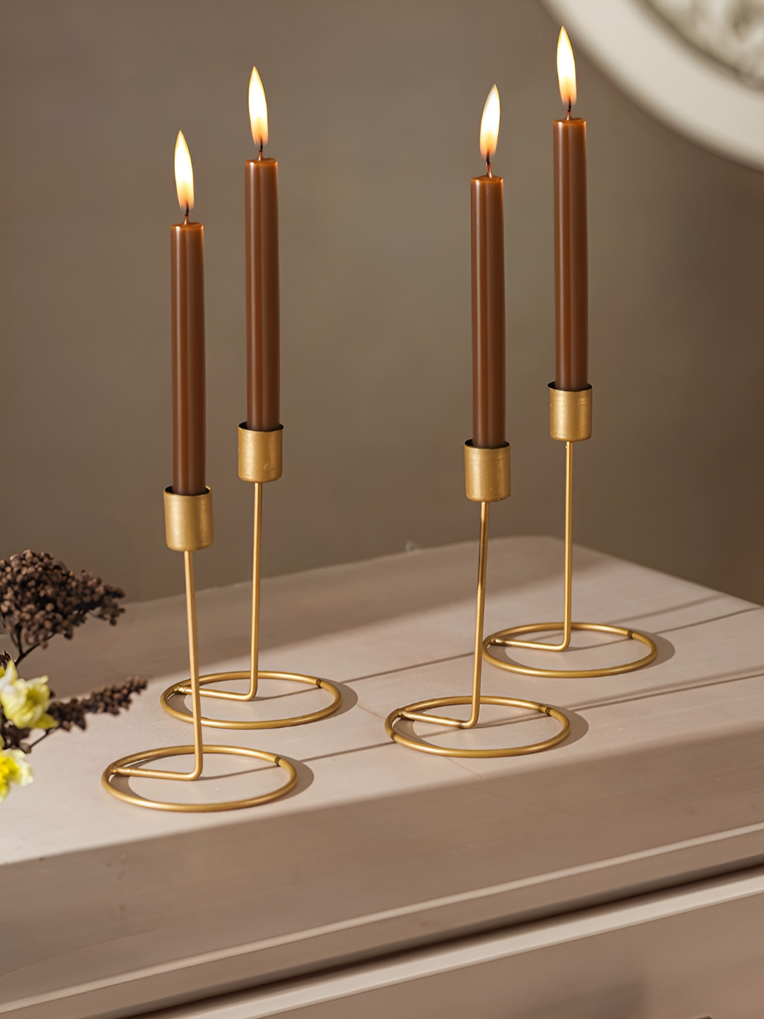 Homspurts Glimmer Grove Gold-Toned 4 Pieces Metal Candle Holders