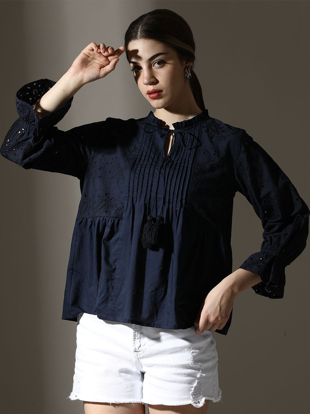 Zolo Label Women Navy Blue Embroidered Cotton Top with Pintucks & Tassel Tie