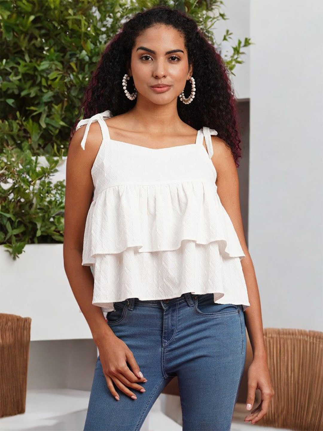 ANJIR Women Self Design Shoulder Straps Tiered Top