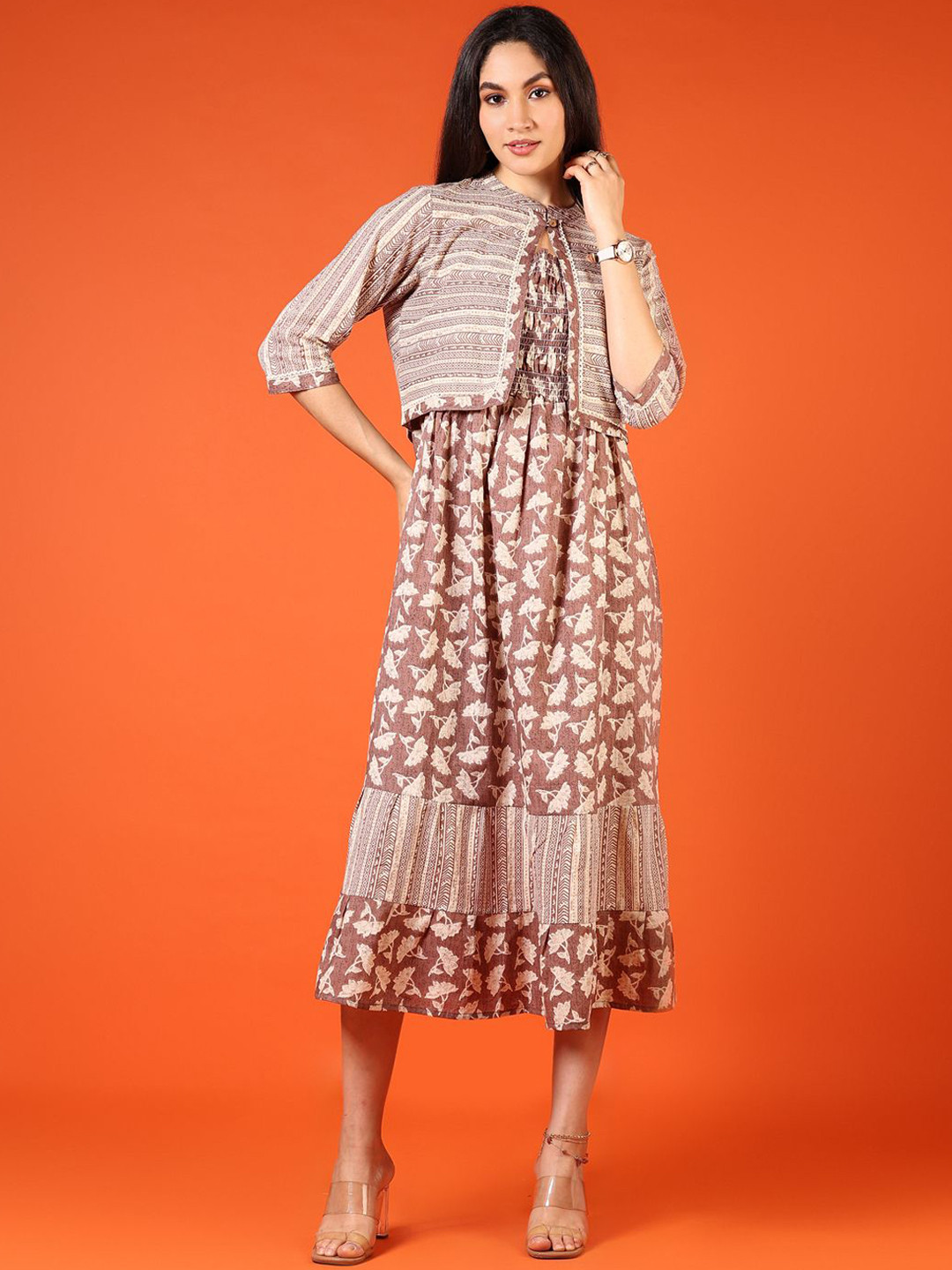 V-Mart Printed Shoulder Strap Neck Cotton Fit & Flared Ethnic Dresses With Jacket
