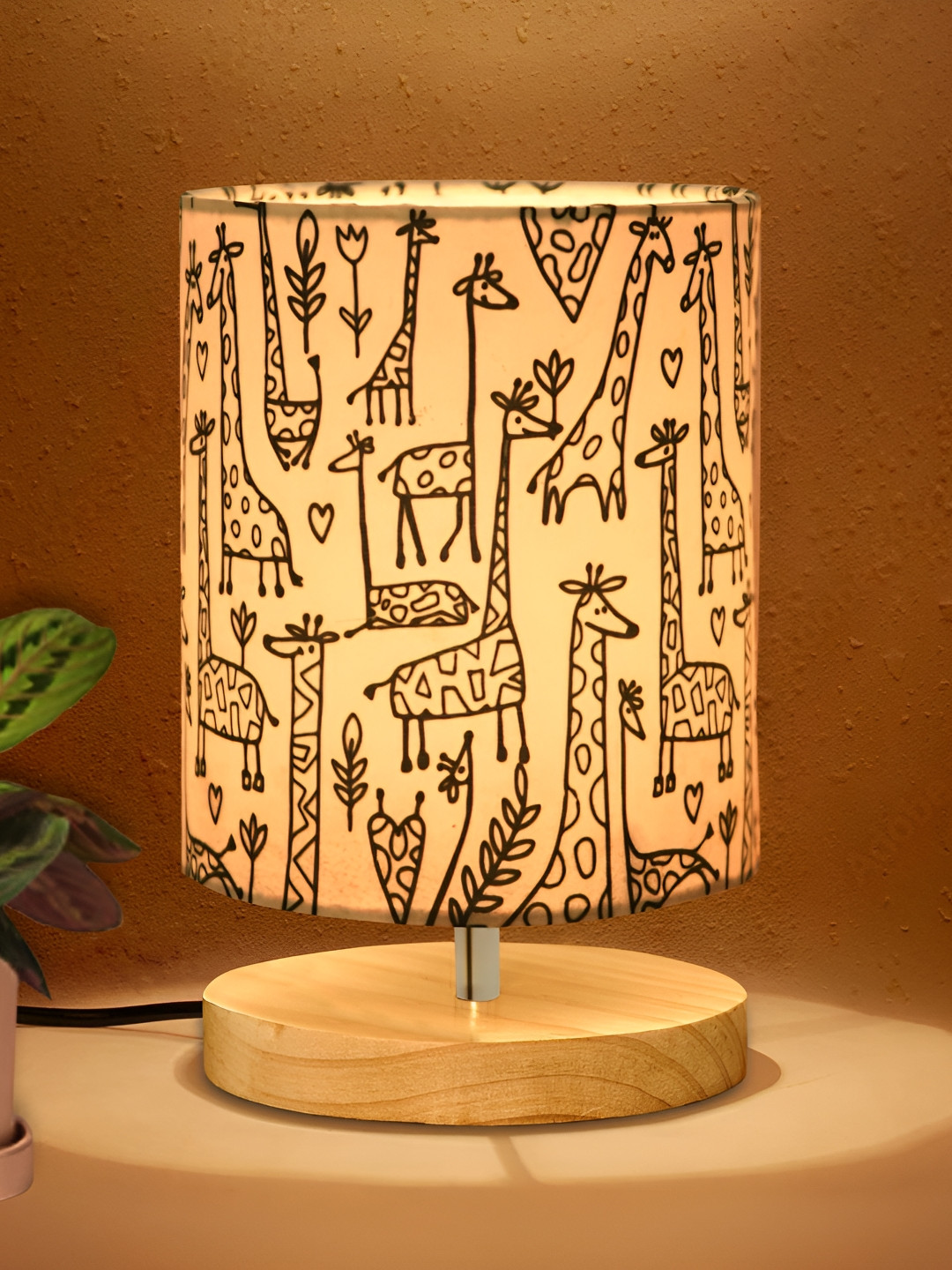 Homesake Pine Yellow and Blue Printed Wooden Cylindrical Shaped Table Lamp