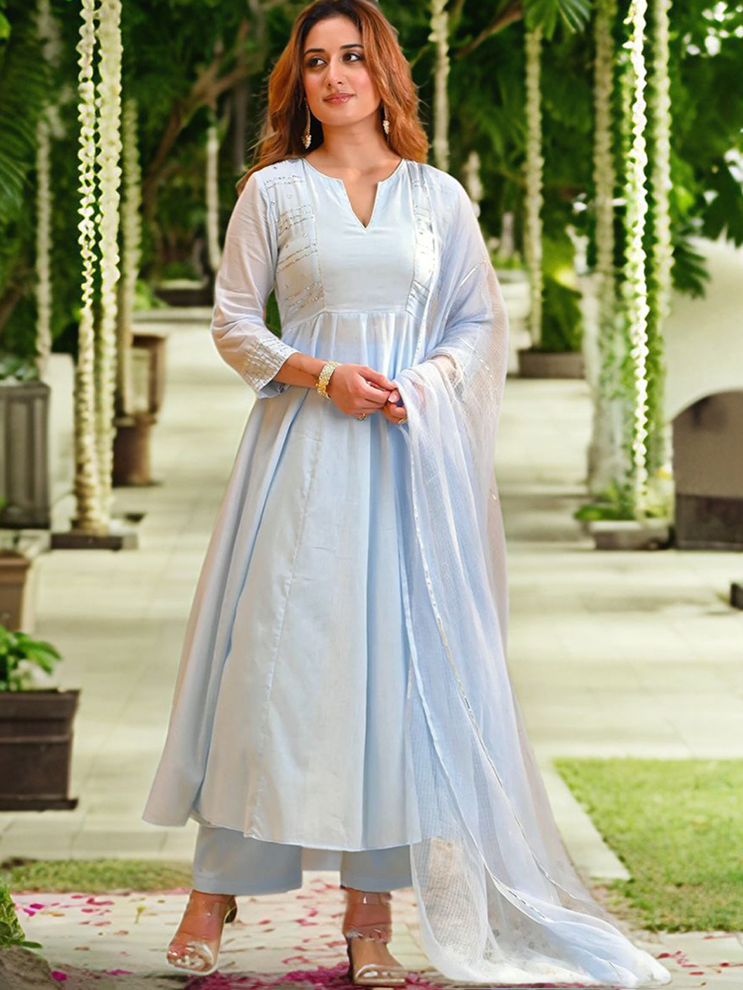 Anni Designer Sequinned Notch Neck Anarkali Kurta With Palazzos And Dupatta