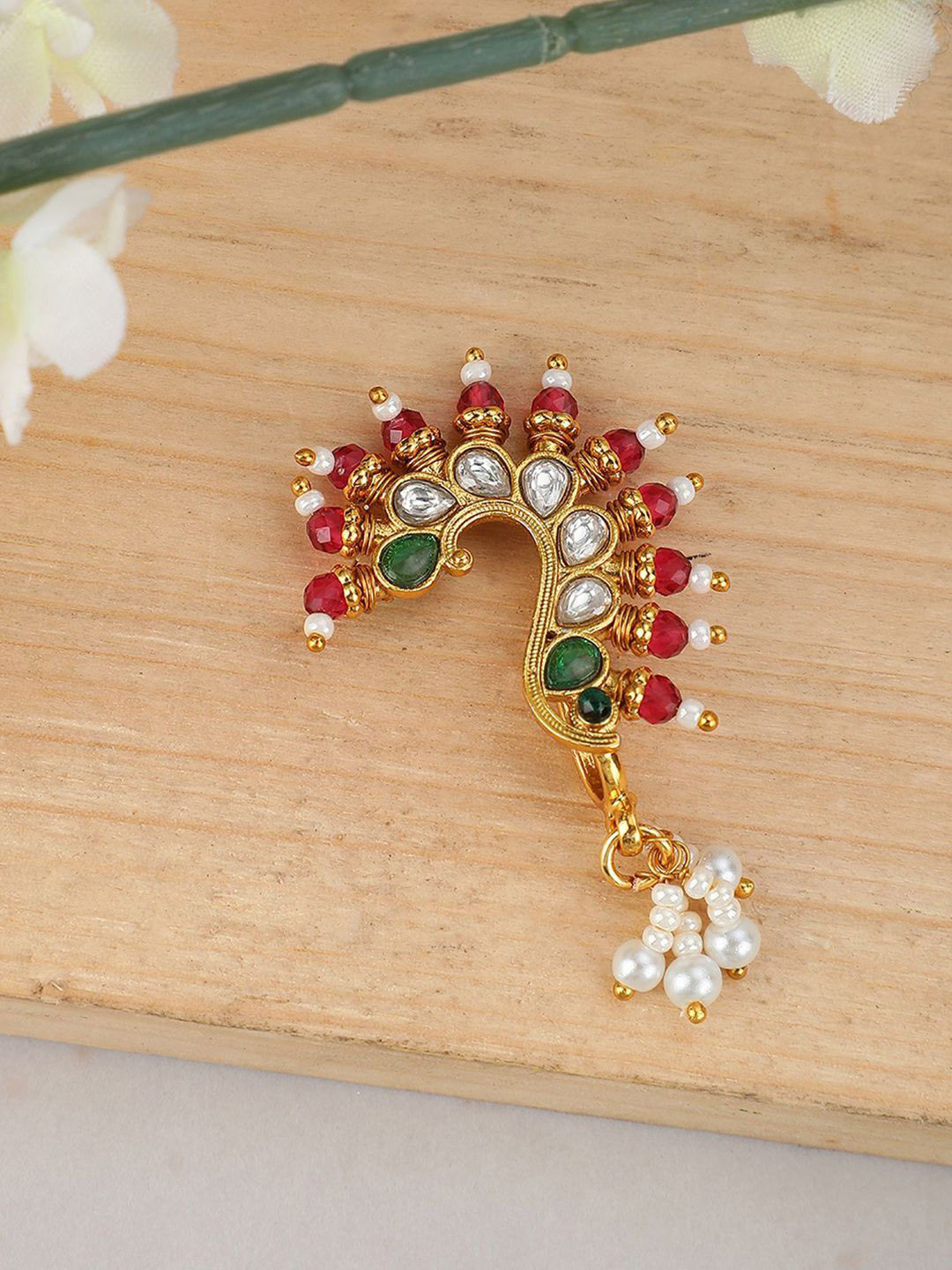 Anouk Gold Plated Artificial Stones Studded and Beaded Nose Pin With Colored Stones