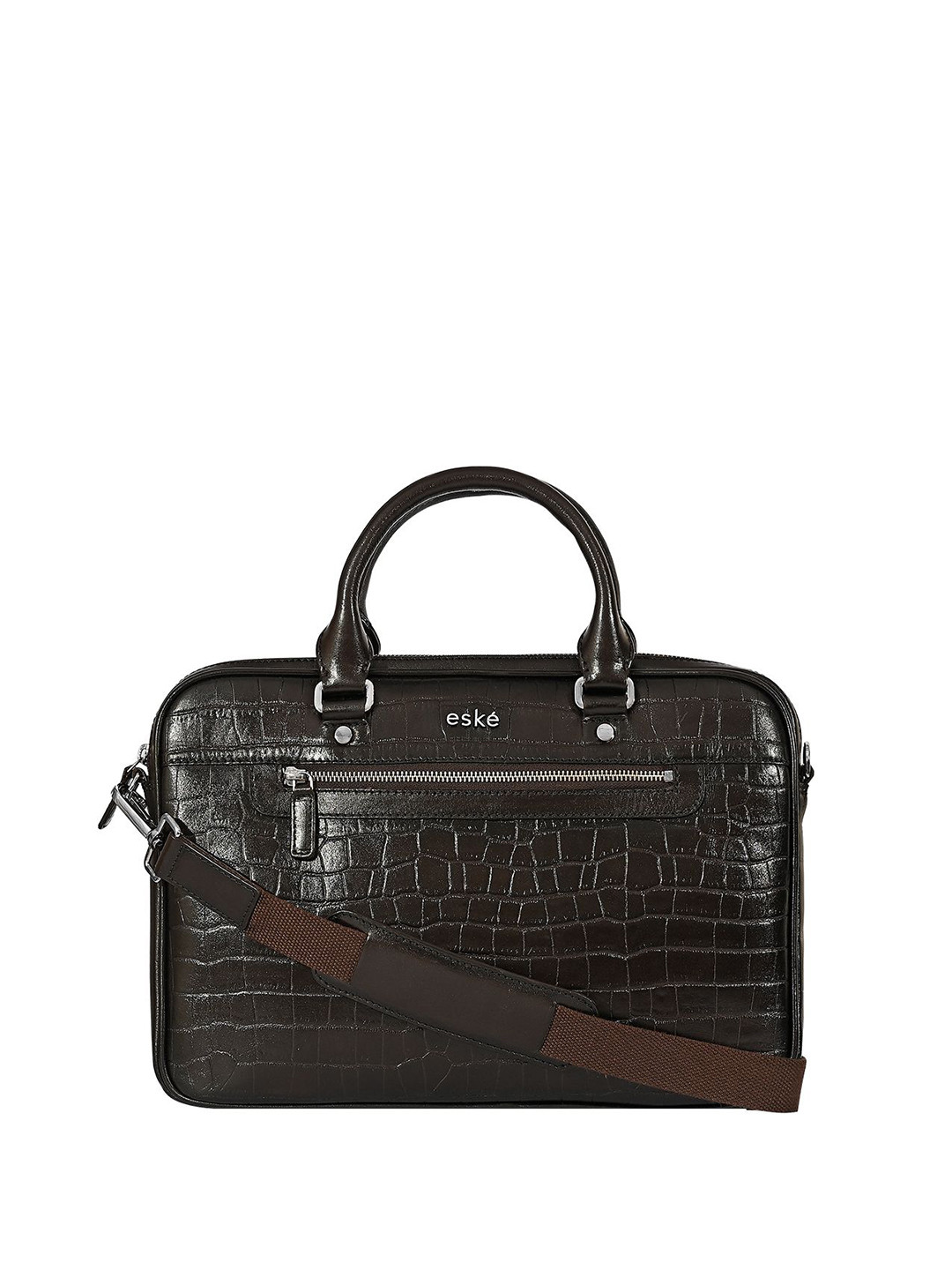 eske Men Brown Textured Slim Design Detachable Strap 13 inch Leather Laptop Bag Briefcase