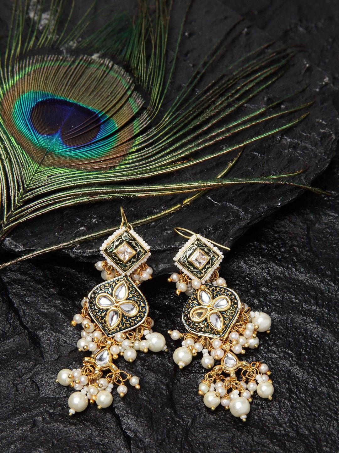 DUGRISTYLE Frosty Gold-Plated Stones Studded & Beaded Contemporary Shaped Drop Earrings