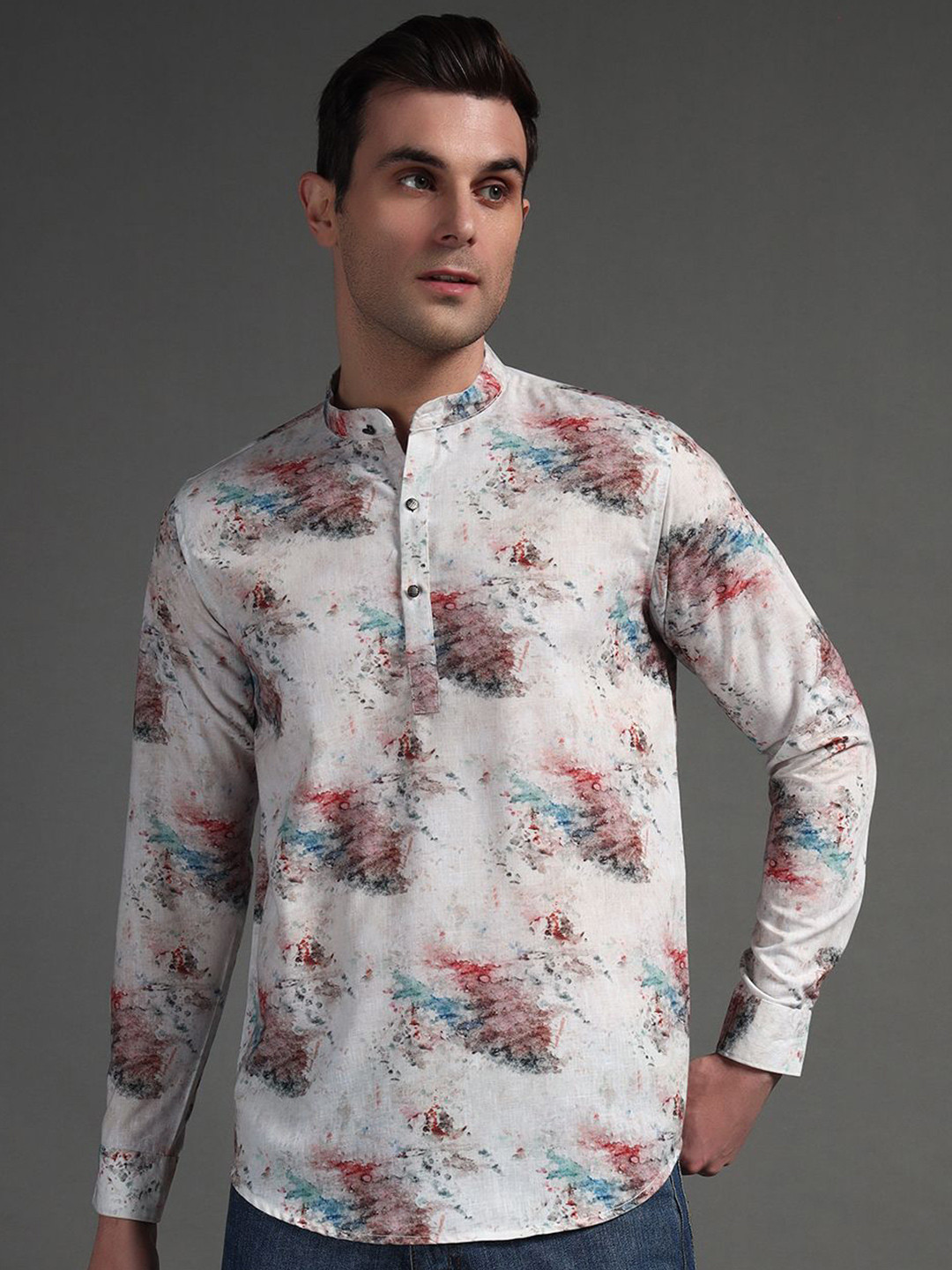 SUI DHAGA Men India Slim Fit Band Collar Abstract Printed Cotton Casual Shirt