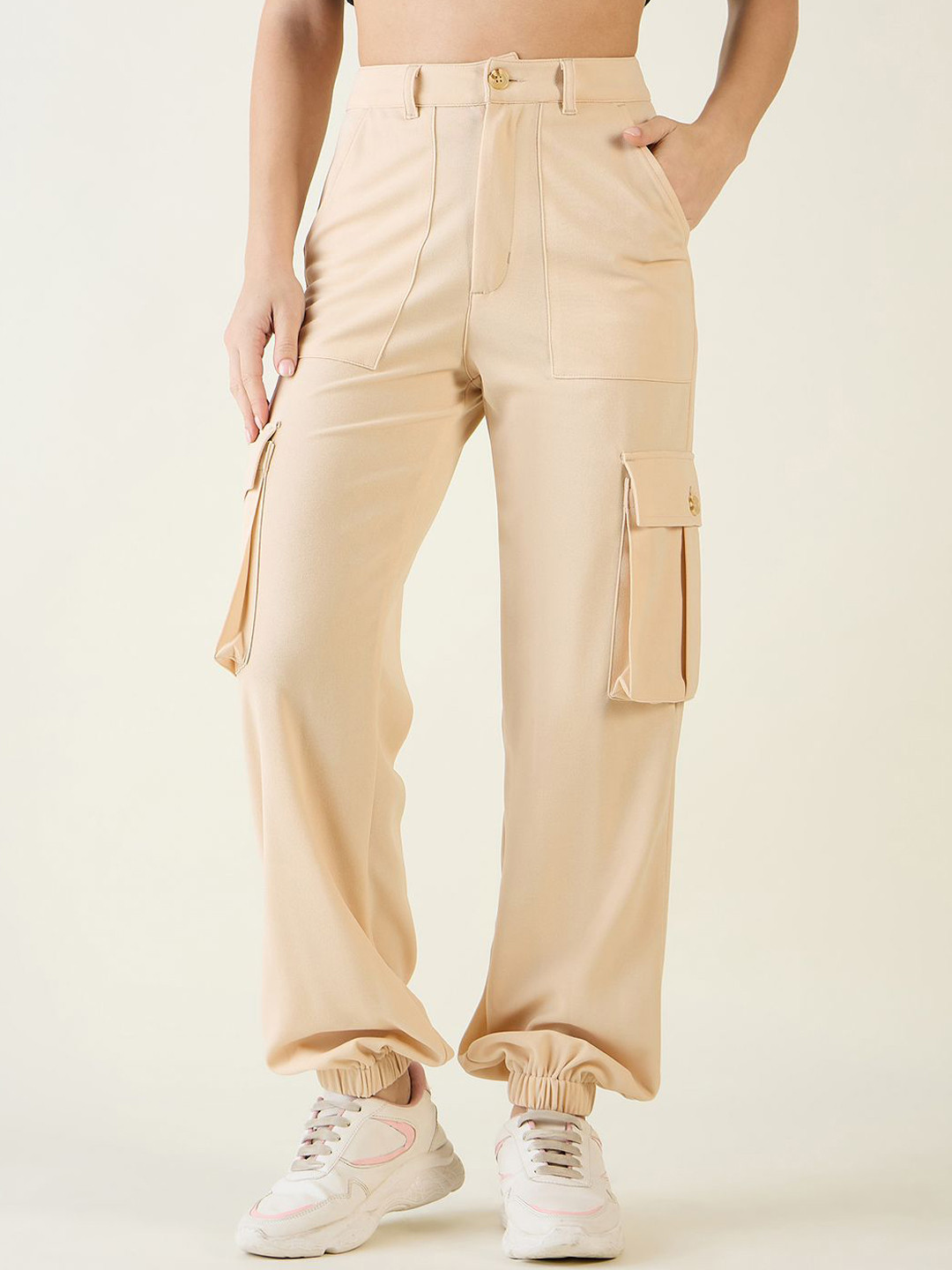 aayu Women Relaxed Loose Fit High-Rise Wrinkle Free Cargo Style Jogger Trousers