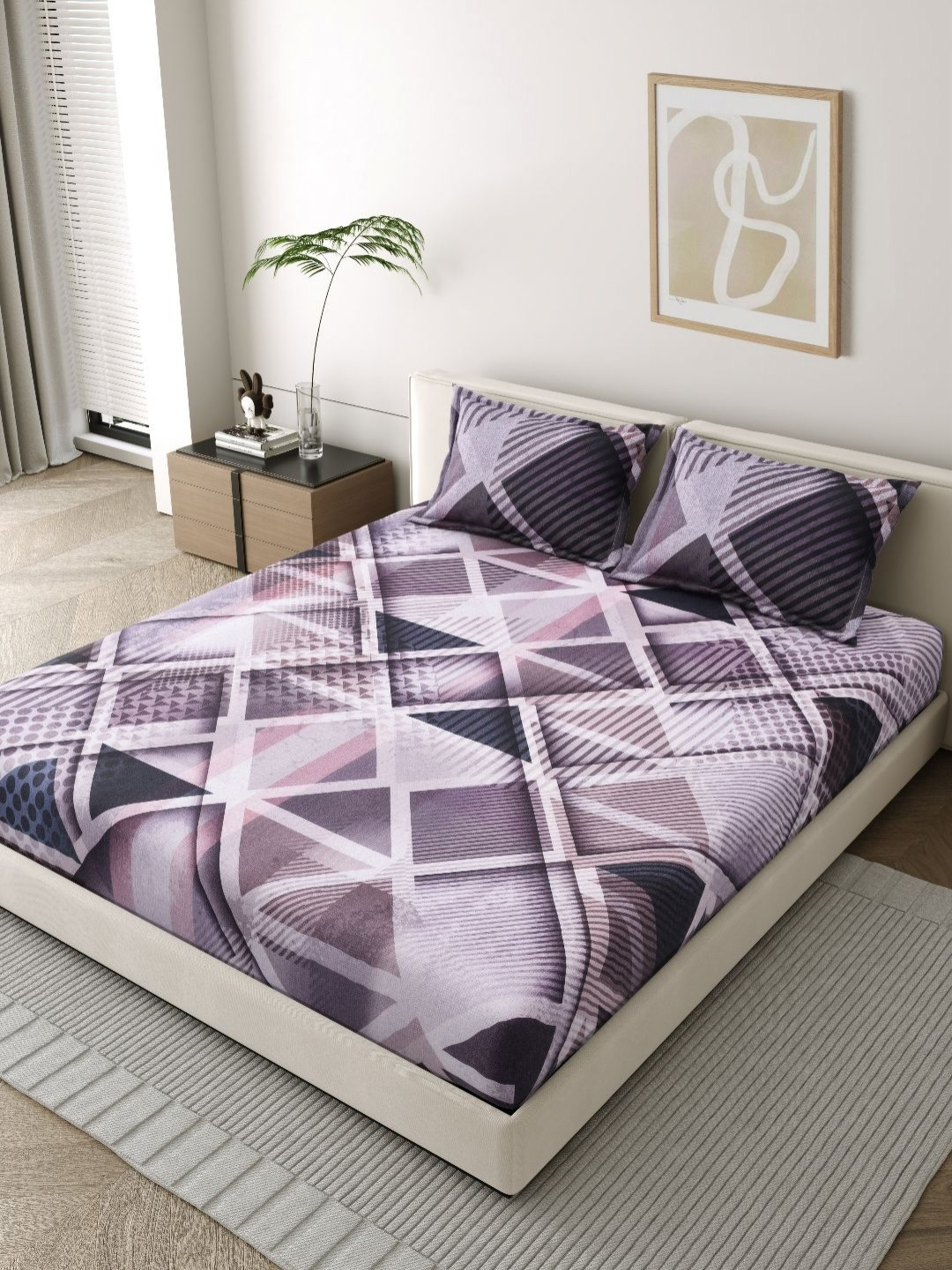 EverHOME Artisan Purple Abstract Pure Cotton 210 TC King Fine Bedsheet with 2 Pillow Covers-108 x 108 inches