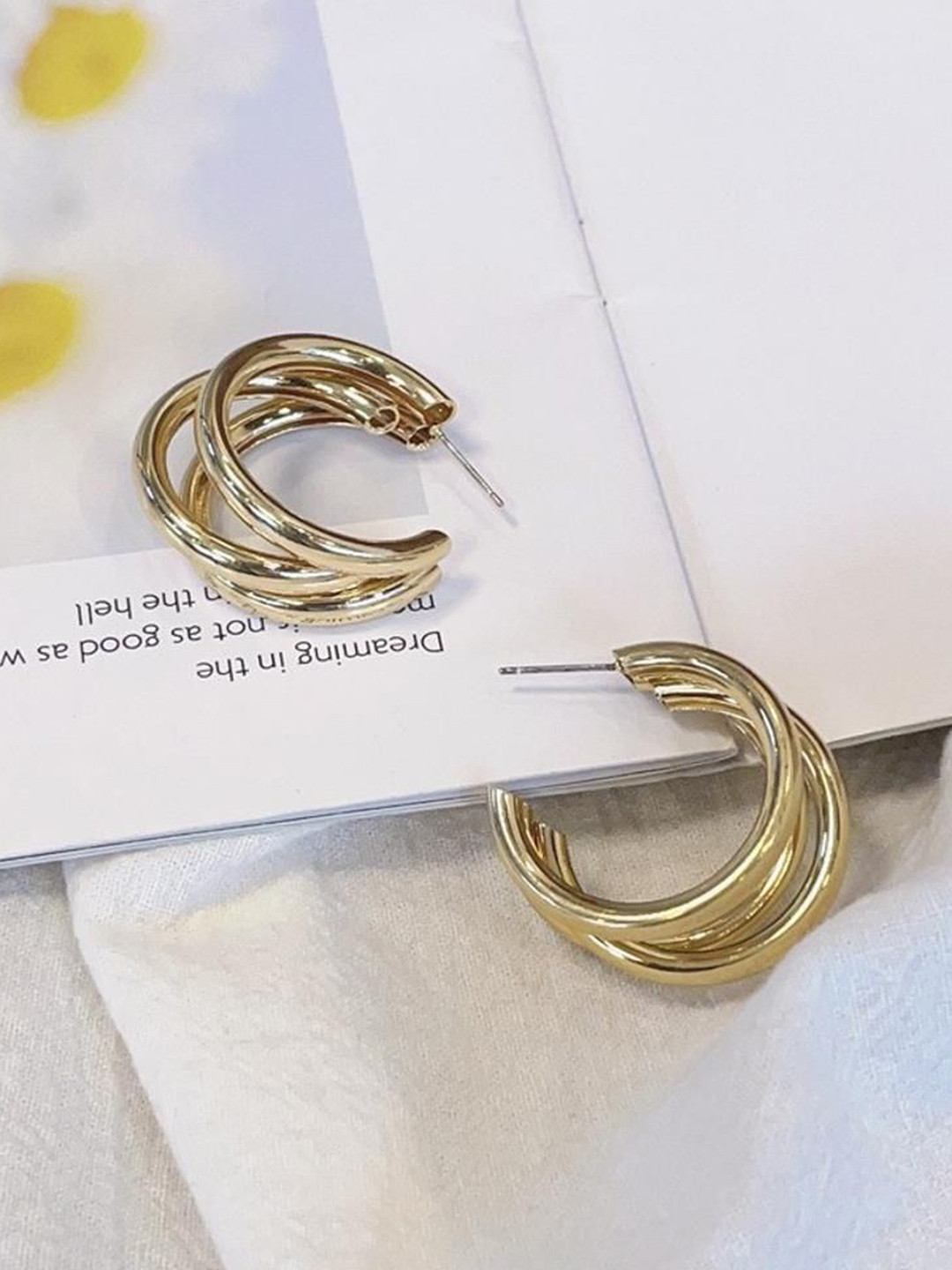 Celestique Triple Layered Contemporary Shaped Hoop Earrings