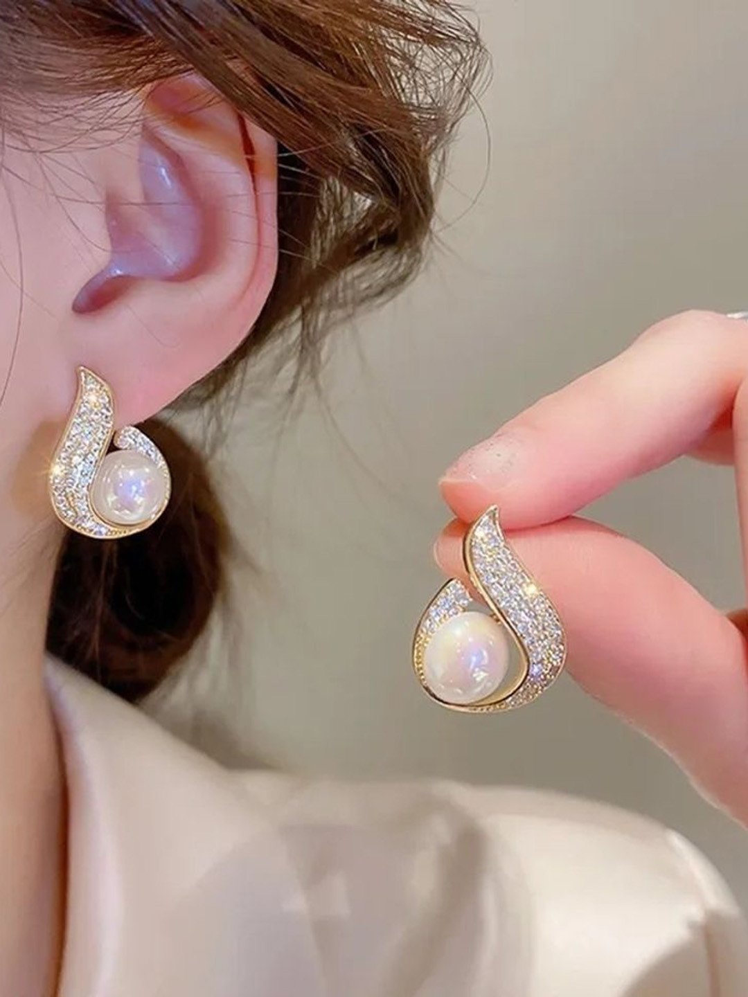 Celestique Gold-Plated Pearls Beaded Contemporary Shaped Studs
