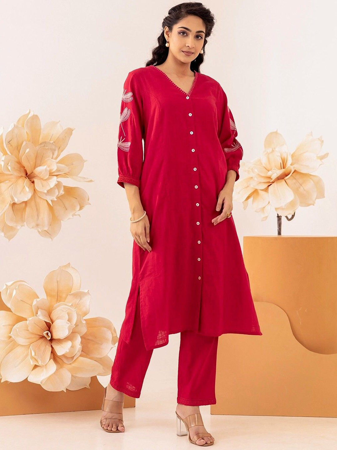 CUSTARD Floral Embroidered Thread Work Pure Cotton Straight Kurta with Trousers