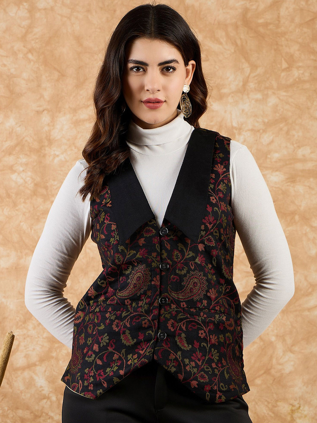 SAHASIKA Women Shawl Collar Floral Printed Woollen Casual Tailored Jacket