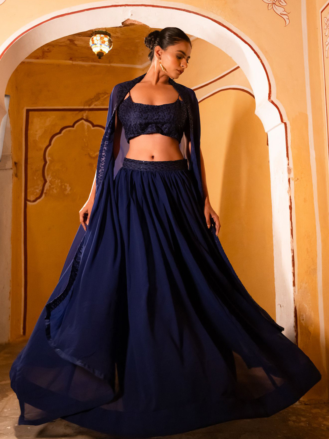 DEASHA INDIA Embroidered Sequinned Georgette Ready To Wear Lehenga & Blouse With Dupatta