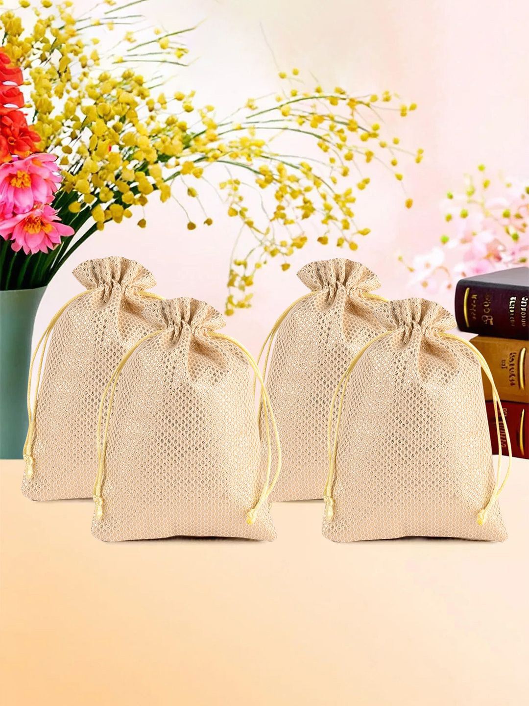 Kuber Industries Gold Toned Pack of 4 Zari Potli Bag Drawstring Closure Potli