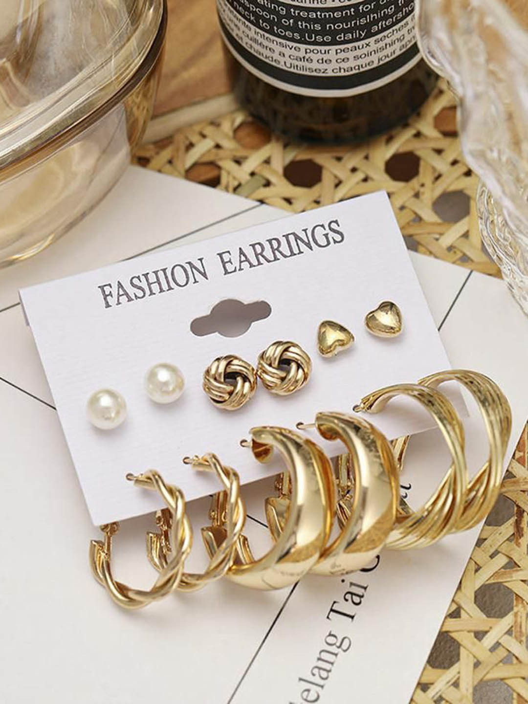 Celestique Set Of 6 Pearls Studded Spherical Shaped Studs