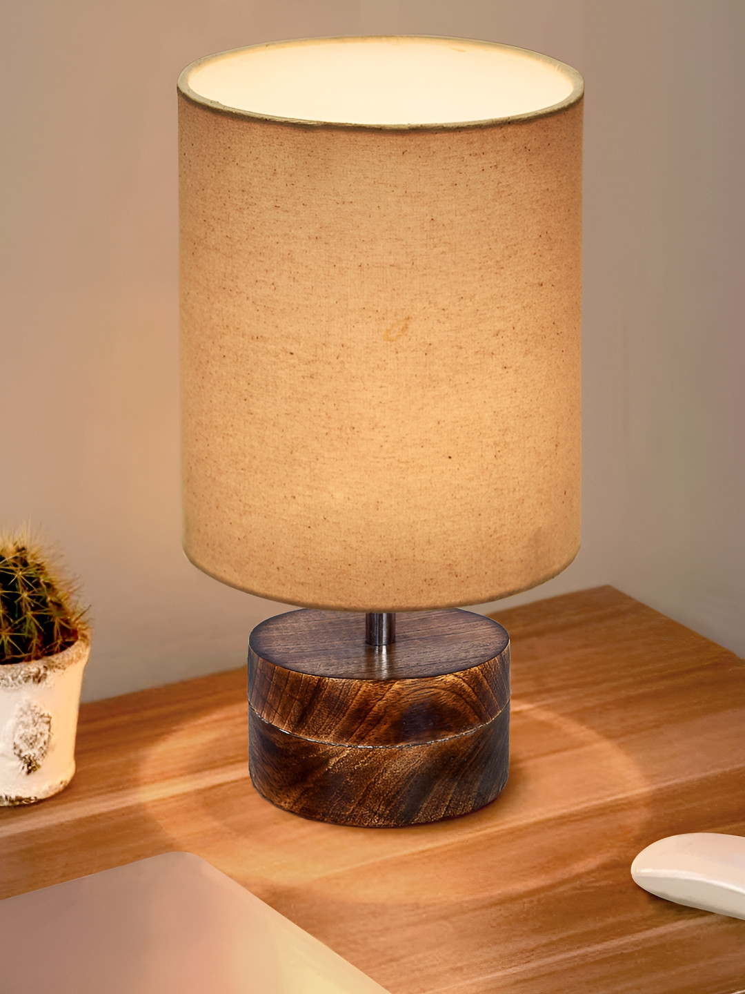 Homesake Zen Beige and Brown Wood Cylindrical Shaped Table Lamp