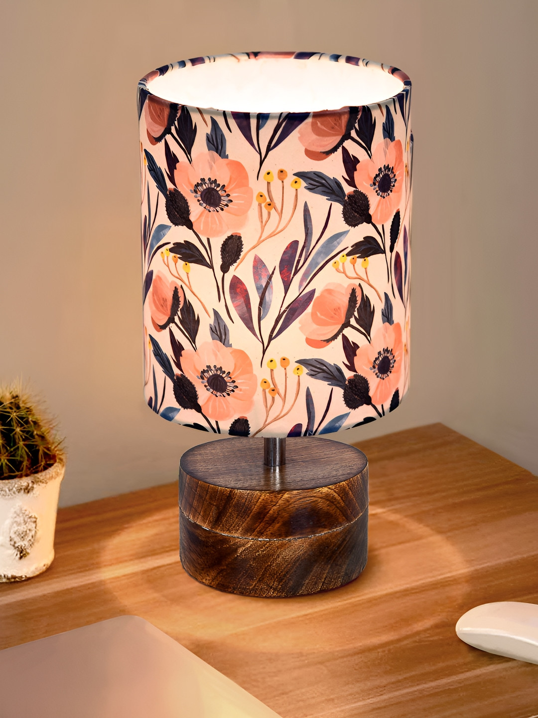 Homesake Zen Peach-Coloured floral Printed Wood Cylindrical Shaped Table Lamp