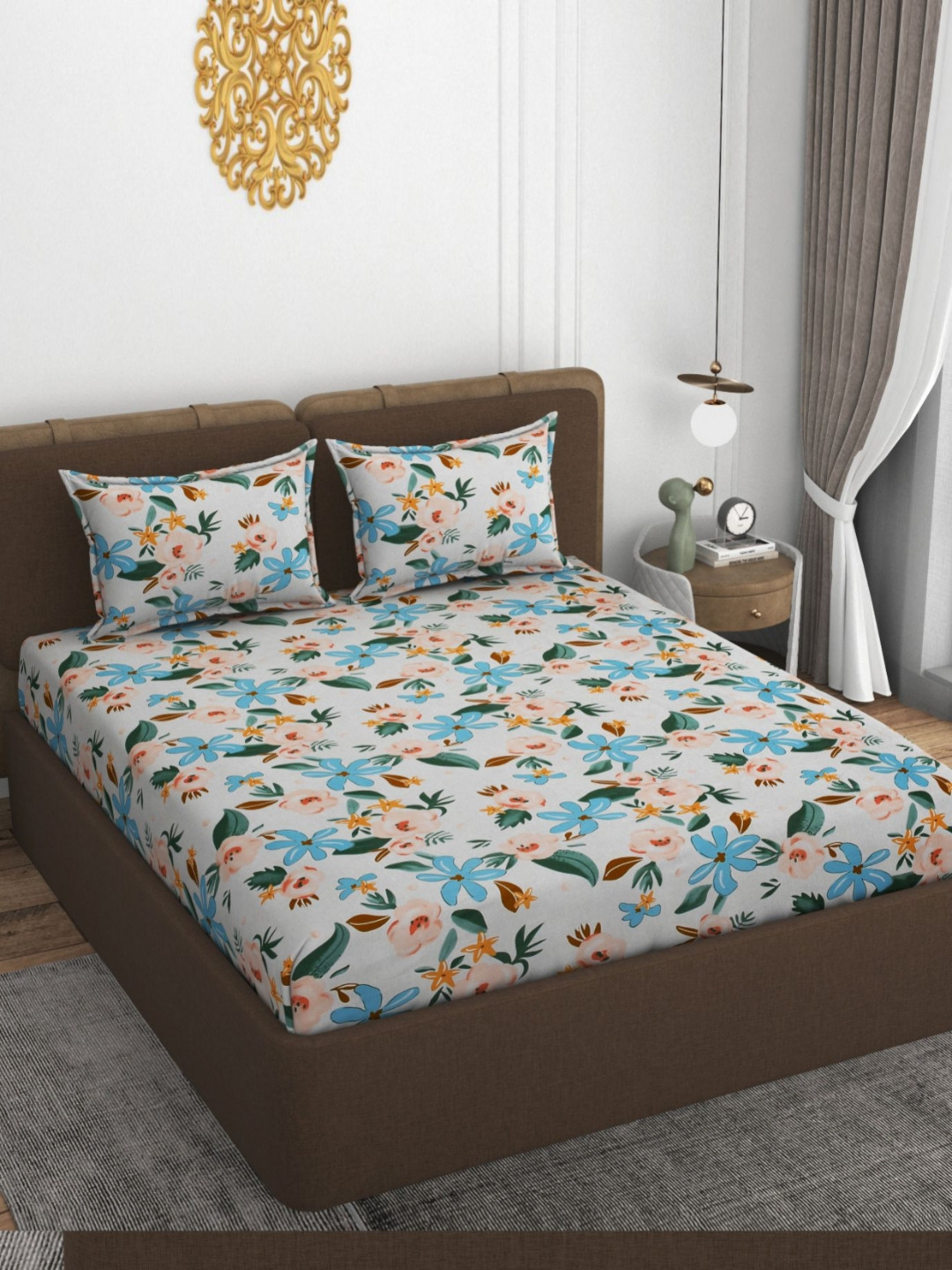 VOMZER Umang Beige Floral Cotton 210 TC Fitted King Superfine Bedsheet with 2 Pillow Covers-78 x 72 inches