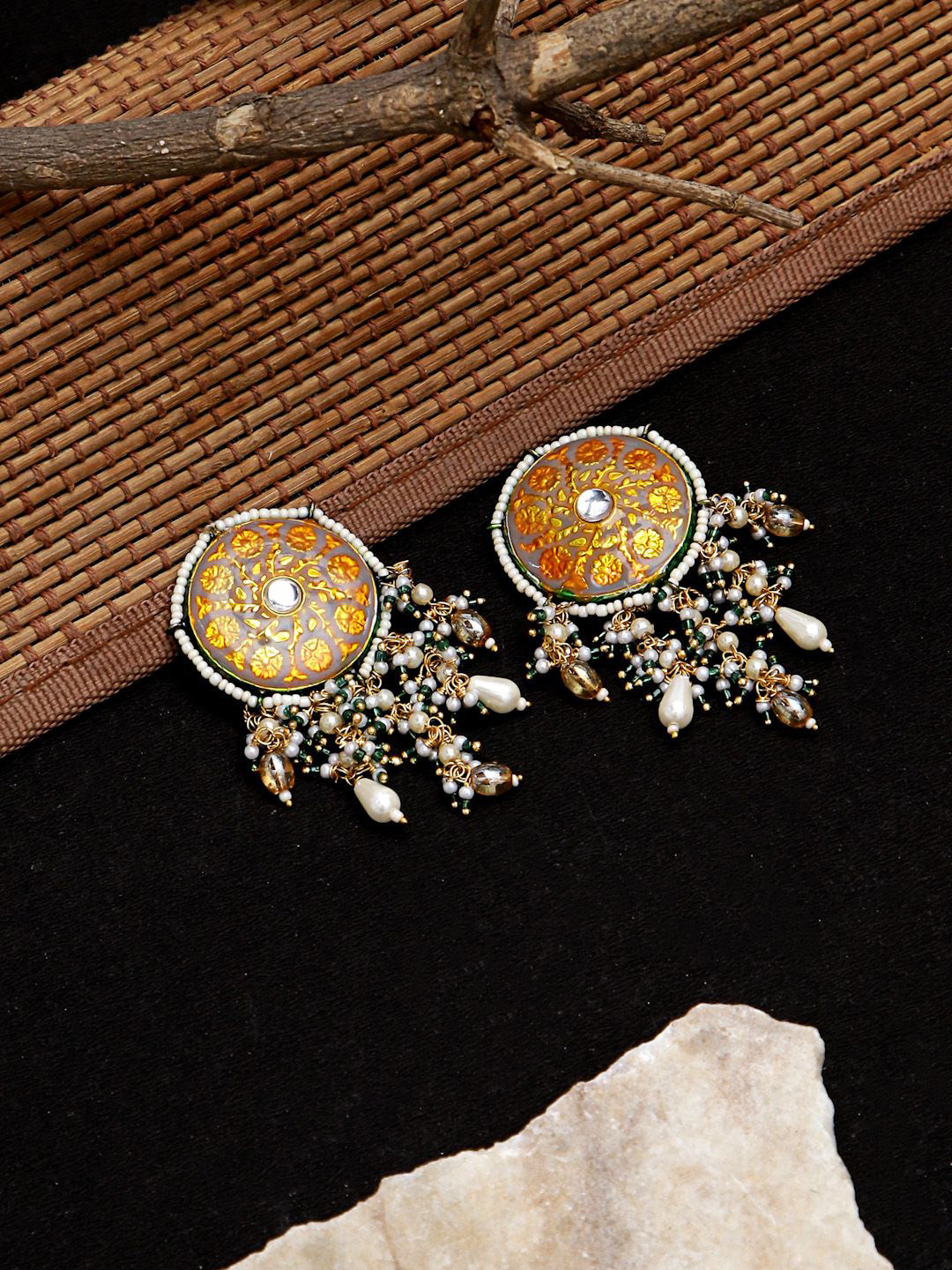 DUGRISTYLE Granite Grace Gold-Plated Kundan Studded & Beaded Contemporary Drop Earrings