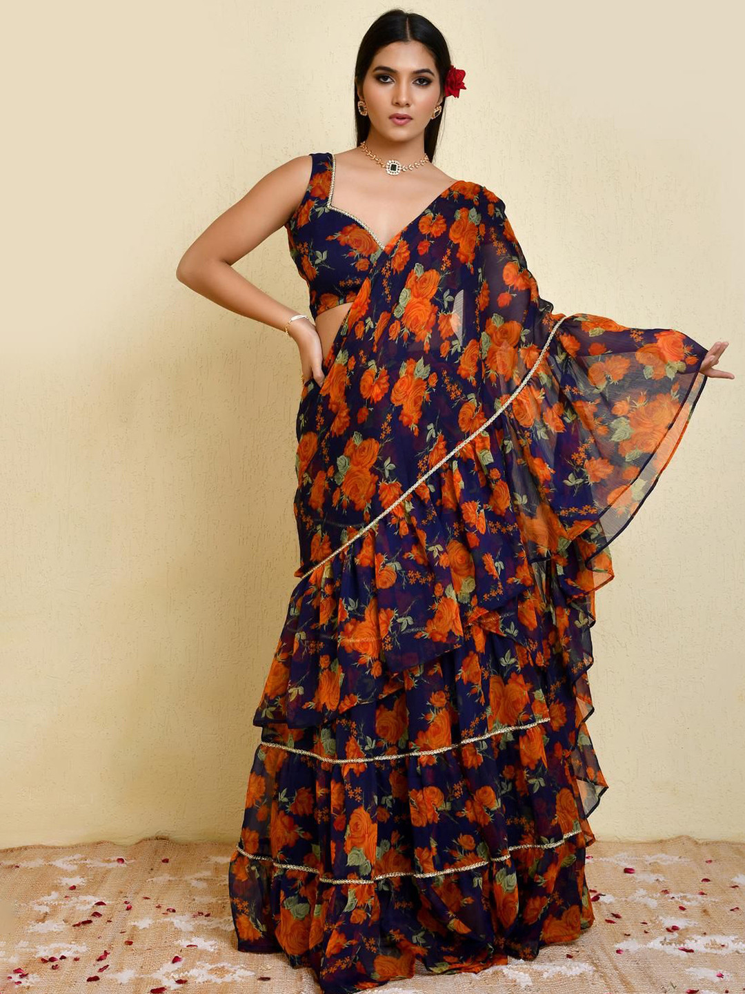 Bannhi by Priyanka Rathore  Floral Ruffles Detail Saree With Stitched Blouse