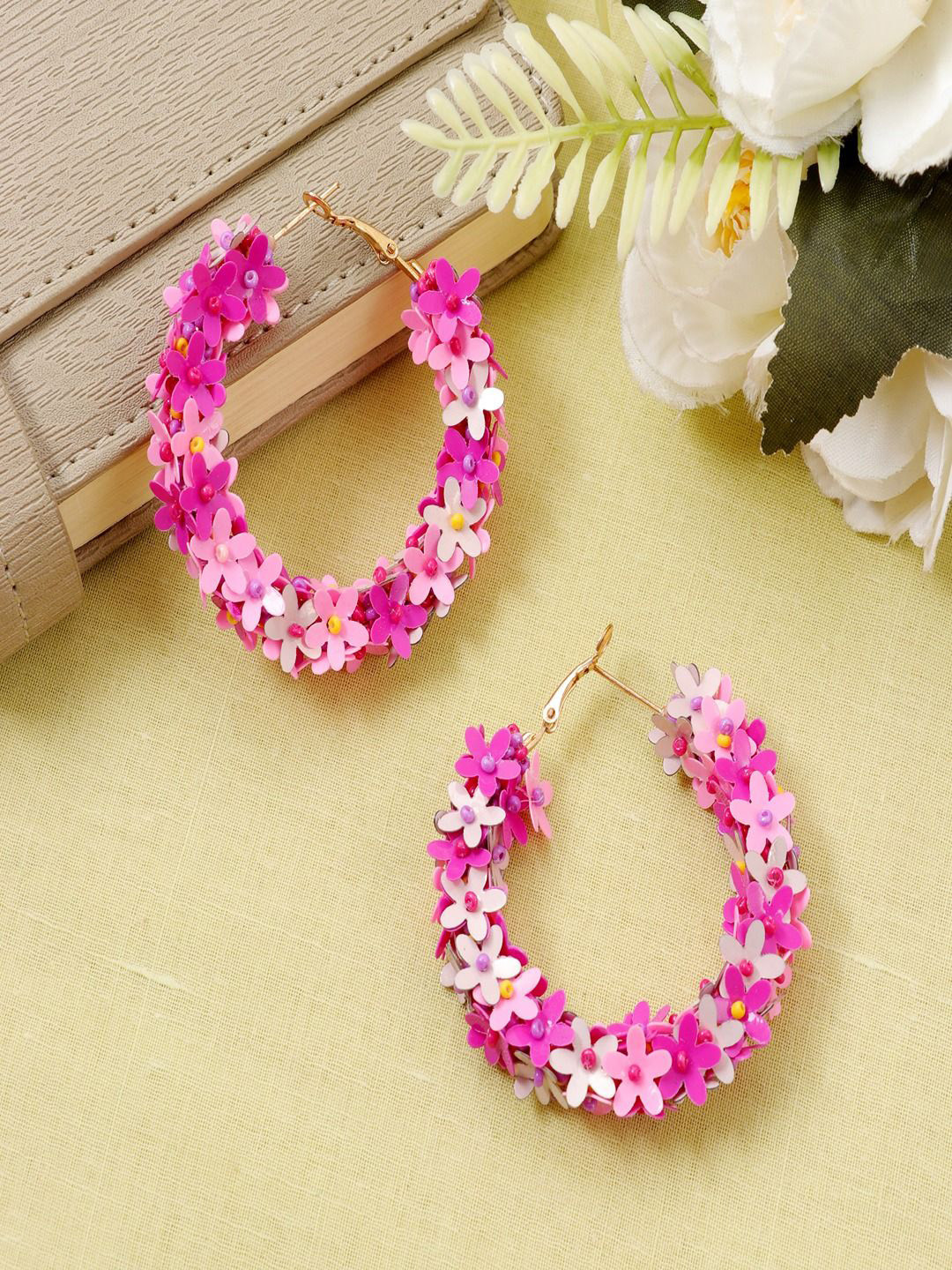 DressBerry Gold-Plated Pink Artificial Beaded Floral Hoop Earrings