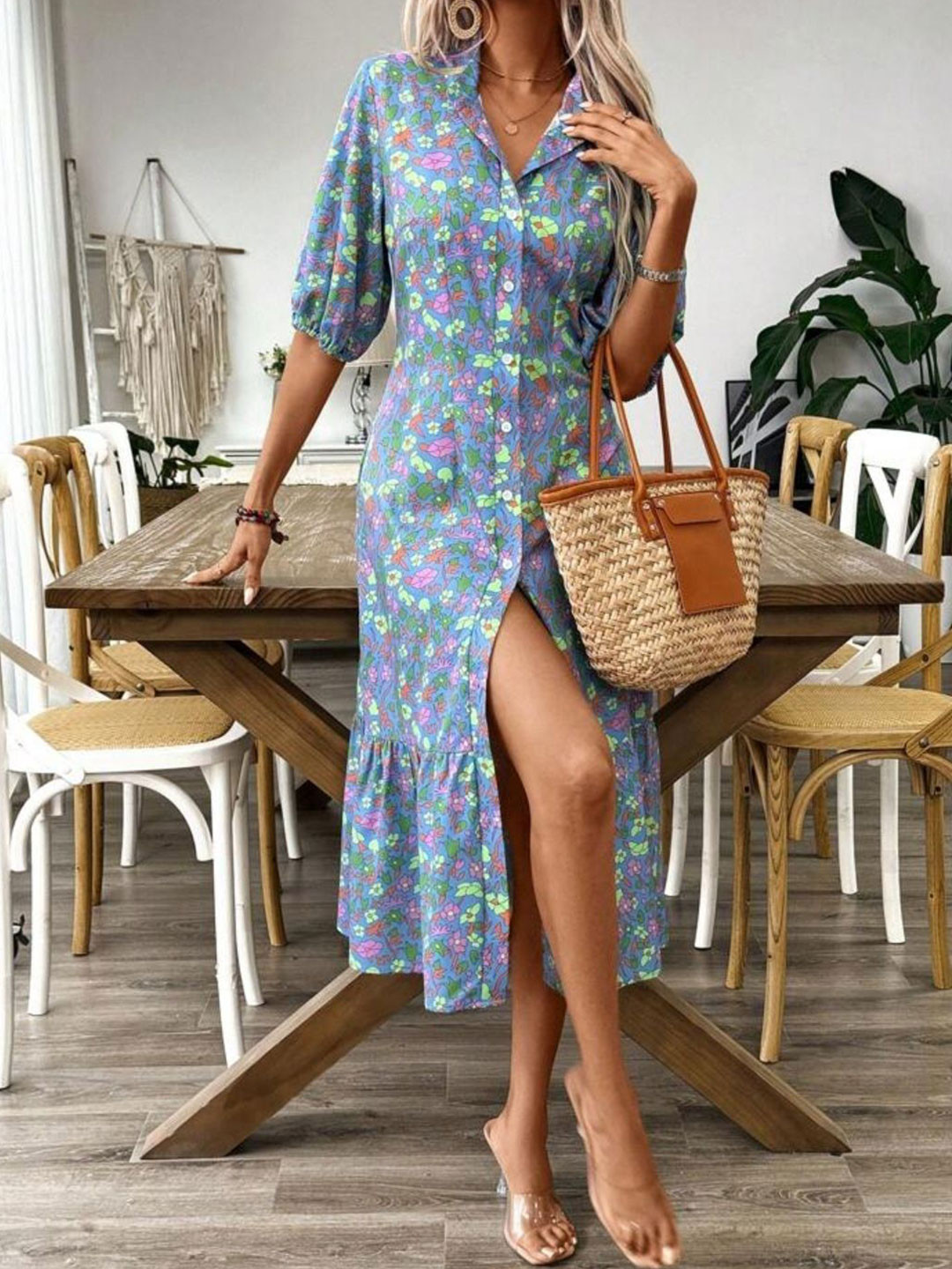 GUFRINA Women's Floral Print Fit & Flare Puff Sleeve Maxi Dress