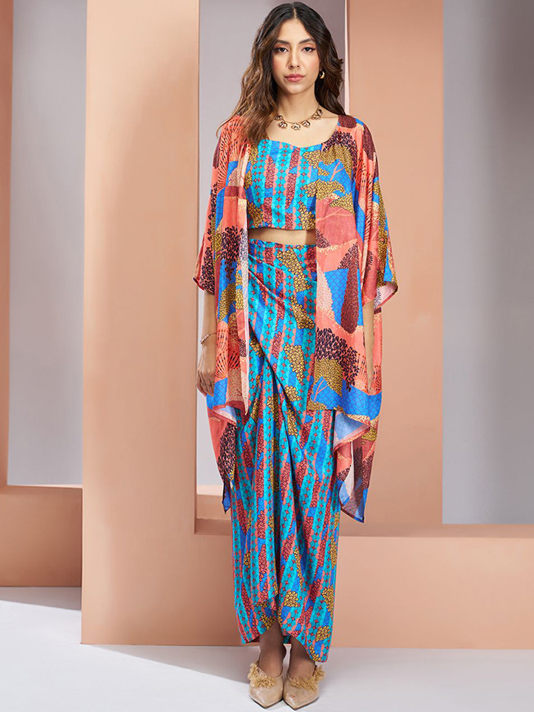 Fusionic Printed Sleeveless Shoulder Straps Muslin Silk Top With Skirt & Shrug