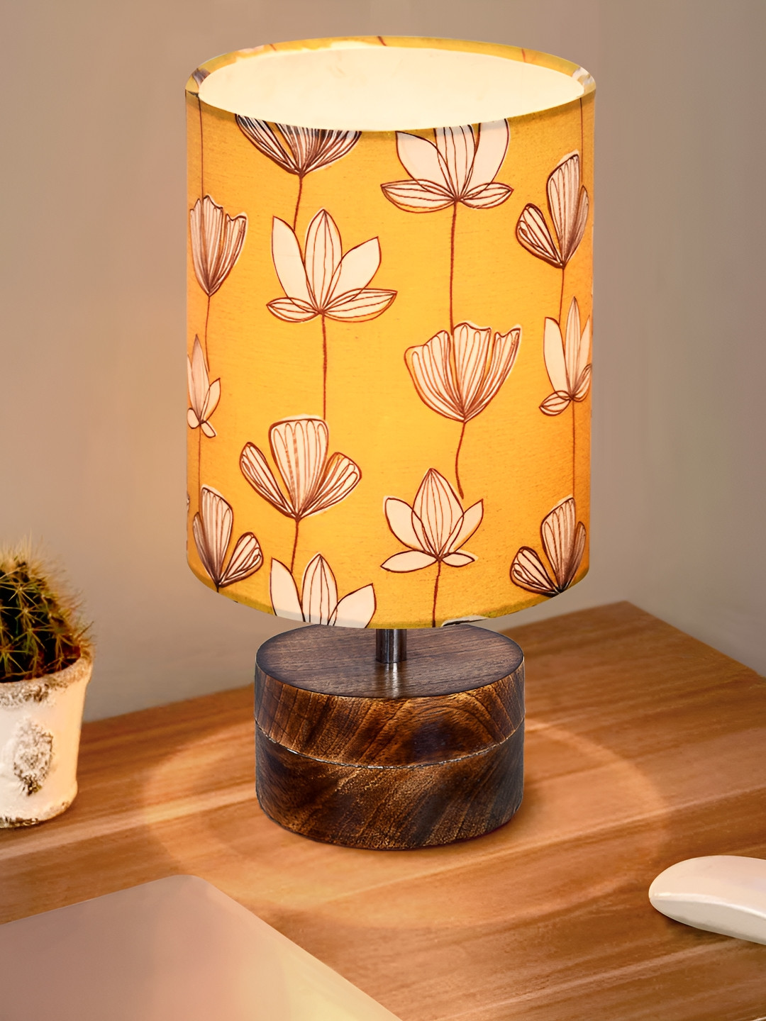 Homesake Zen Yellow and White Floral Printed Wooden Cylindrical Shaped Table Lamp
