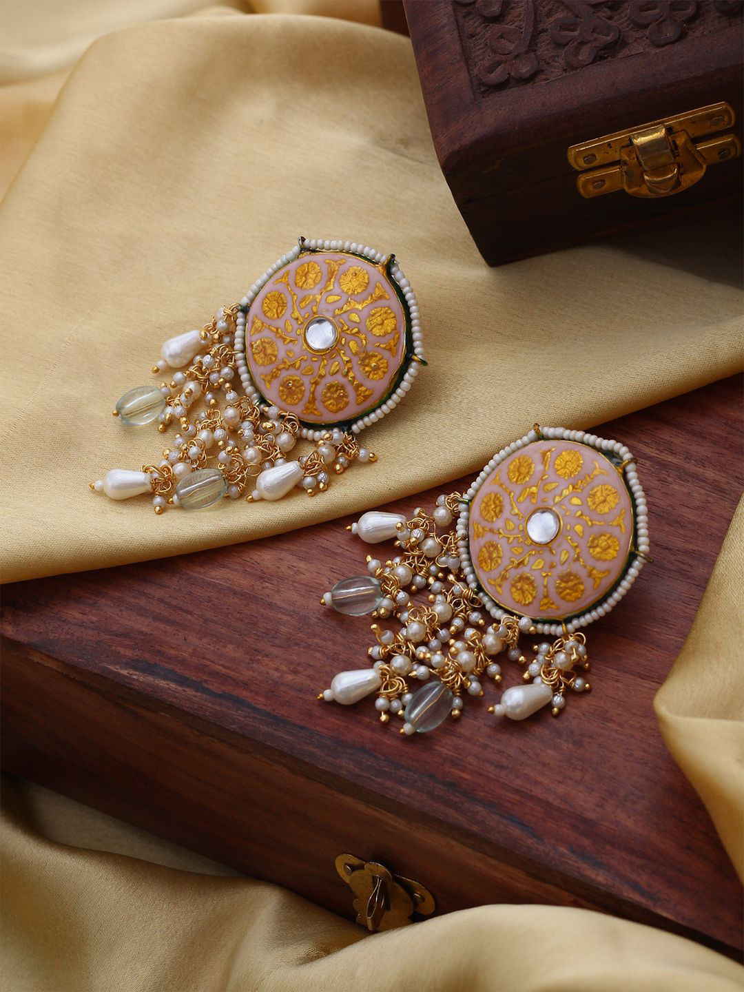 DUGRISTYLE Peony Gold-Plated Kundan Studded & Beaded Contemporary Shaped Drop Earrings