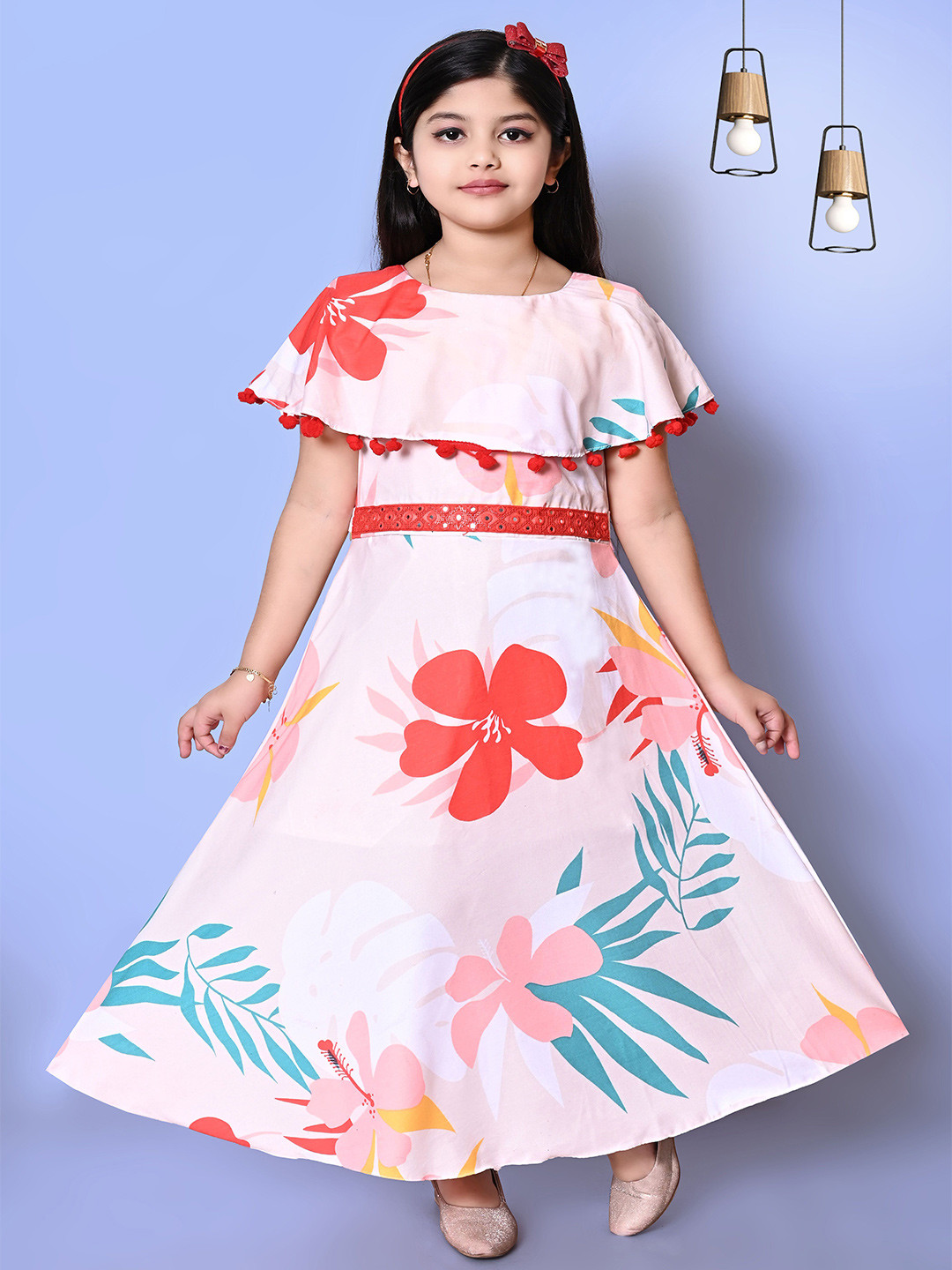 KAARIGARI Girls Floral Printed Cotton Cap Sleeves Maxi Dress