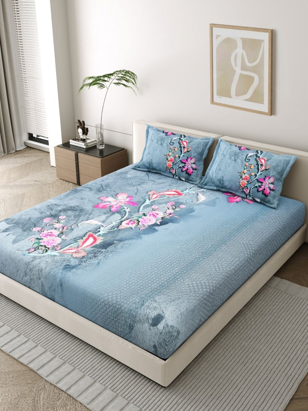 EverHOME Artisan Blue Floral Pure Cotton 210 TC King Fine Bedsheet with 2 Pillow Covers-274 x 274 cm