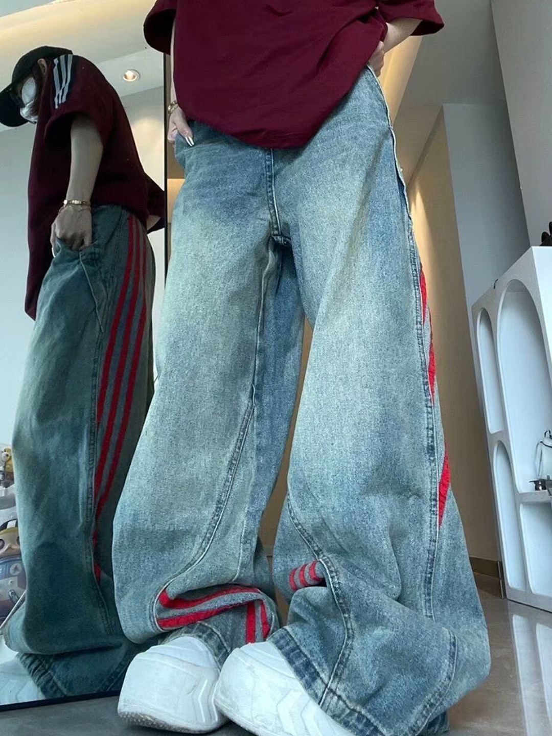 DressBerry Women Cotton Wide Leg High-Rise Light Fade with Side Stripe Jeans