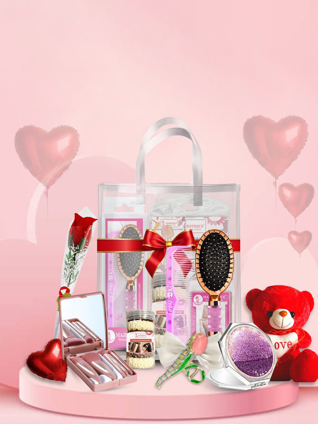 MAJESTIQUE Set Of 9 Teddy, Rose, Brush Set, Mirror & Accessories Valentine Gift Hamper