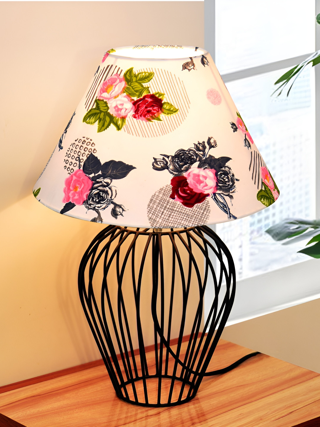 Homesake Red and White Floral Printed Metal Frustum Shaped Table Lamp