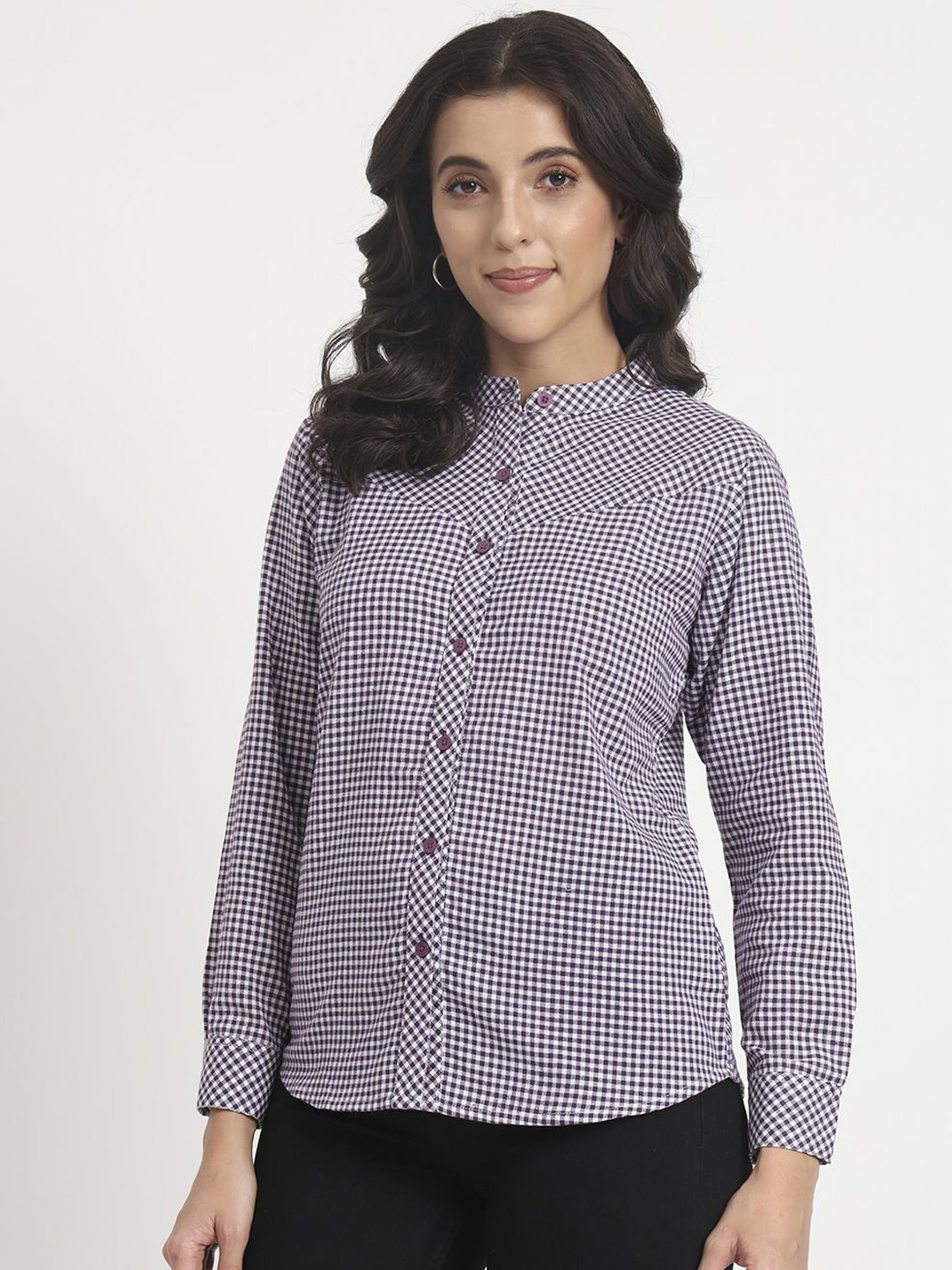 ANGOORI FASHION Women Straight Fit Band Collar Micro Checked Cotton Formal Shirt