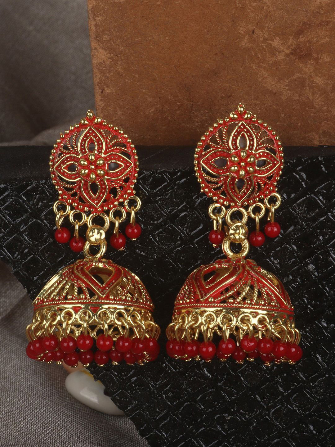 Anouk Gold-Plated Artificial Beads Beeaded Dome Shaped Jhumkas