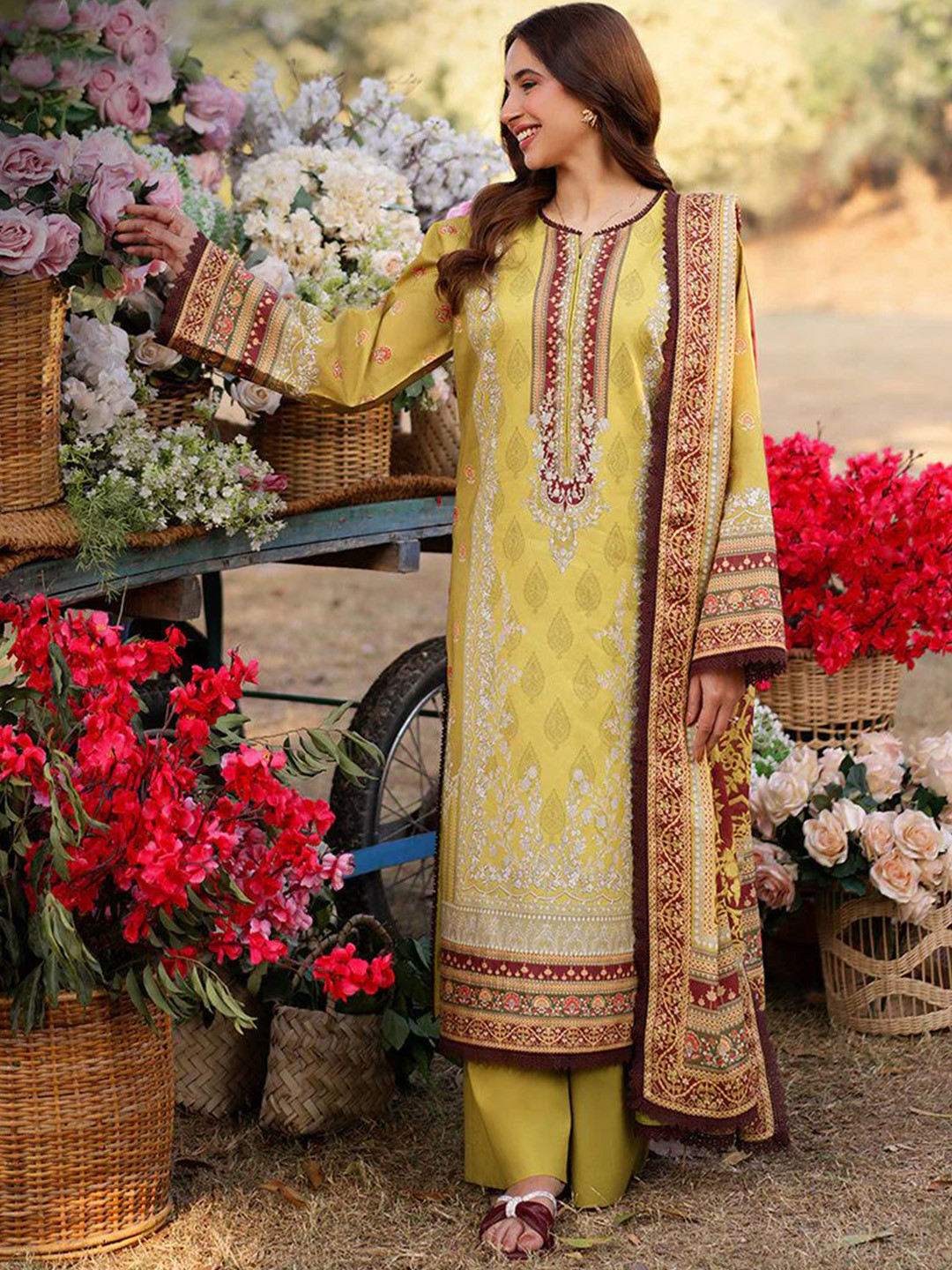 Anni Designer Floral Printed Flared Sleeves Straight Kurta With Palazzos And Dupatta