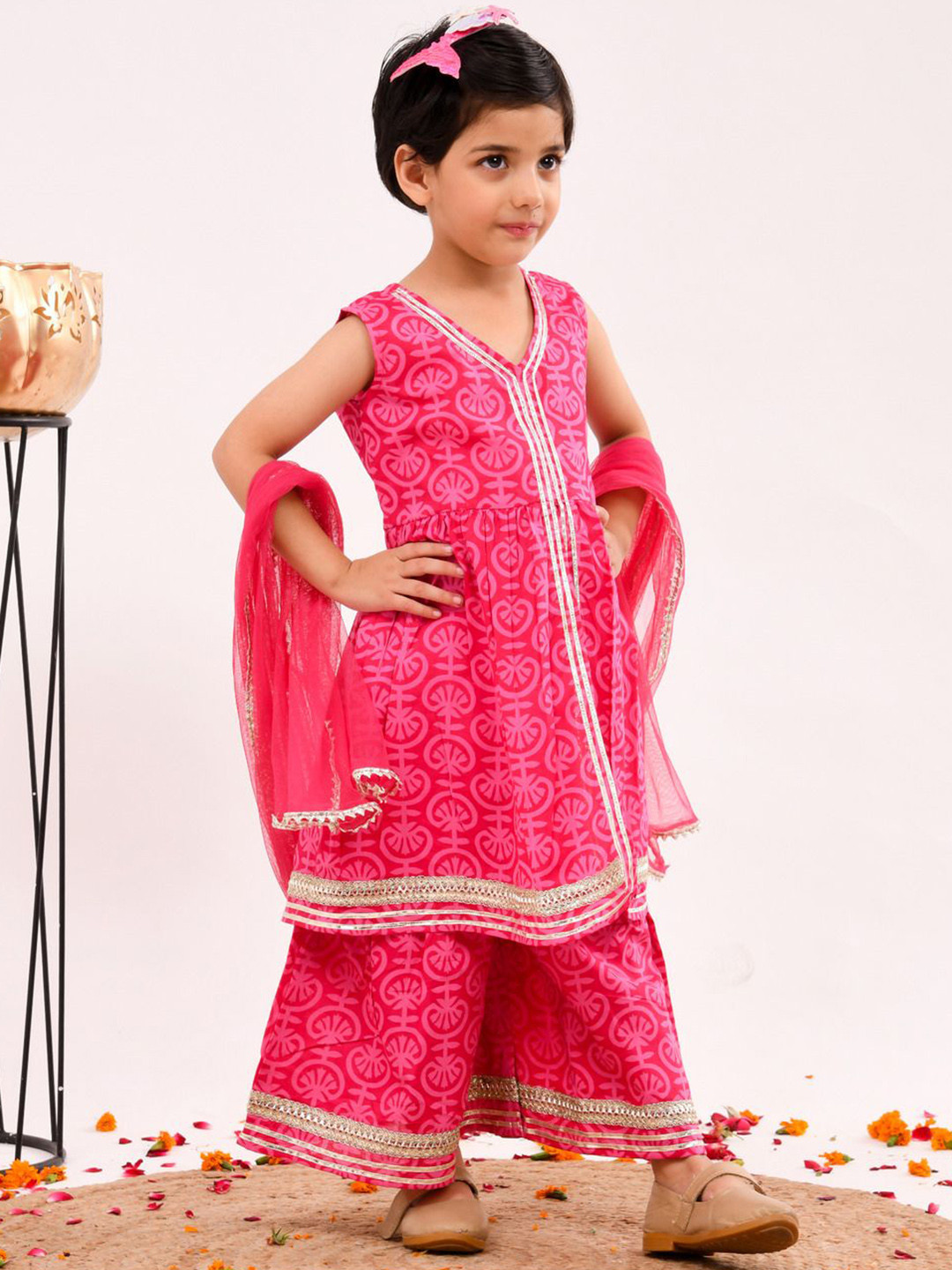 i love legacy Girls Floral Printed V Neck Gotta Patti Pure Cotton Kurta With Sharara