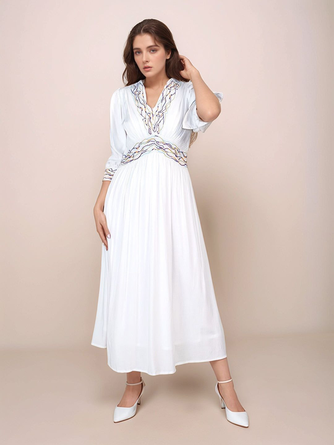 Zink London Women White Solid 3/4th Sleeves Midi Dress